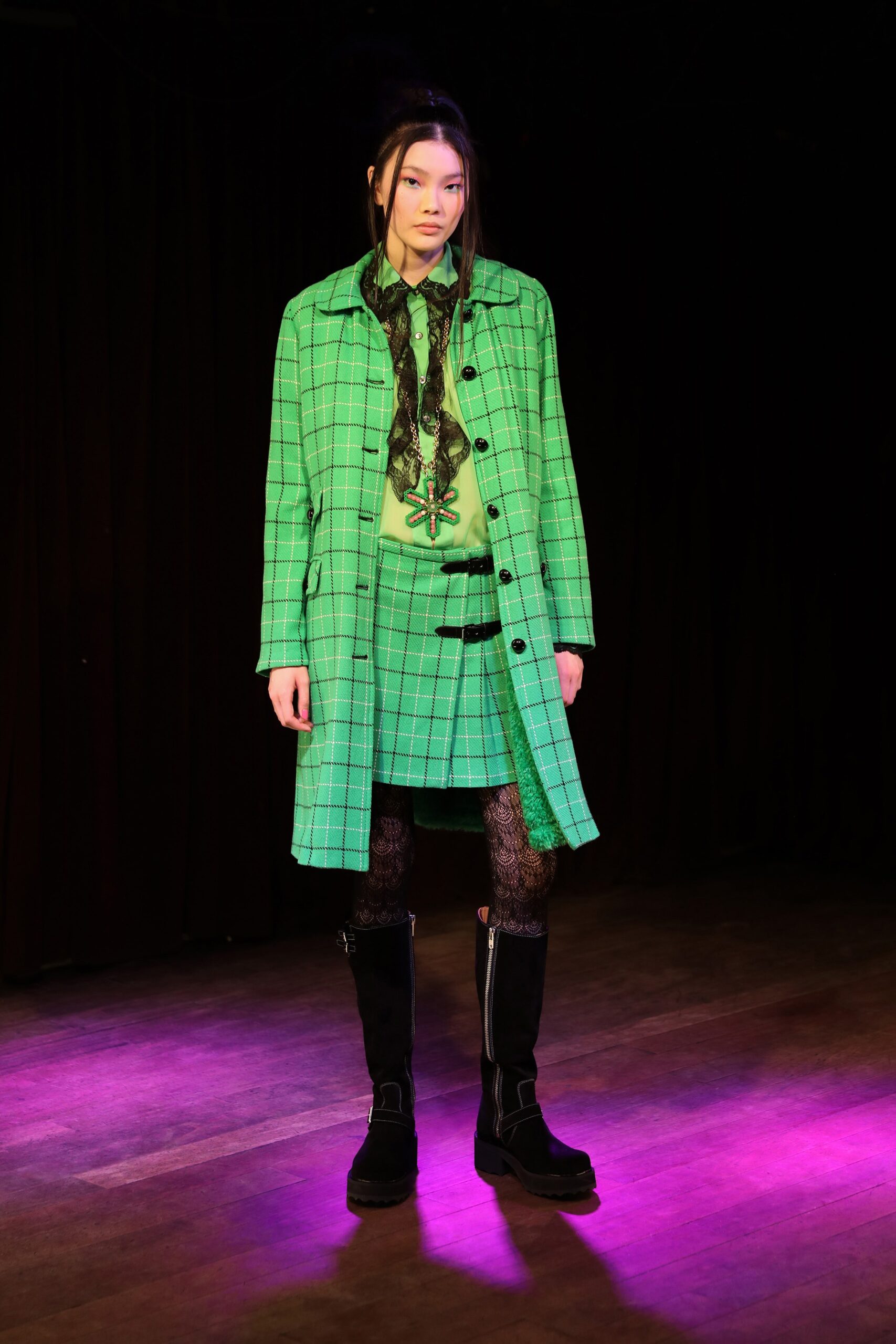 green checked coat with pleated skirt