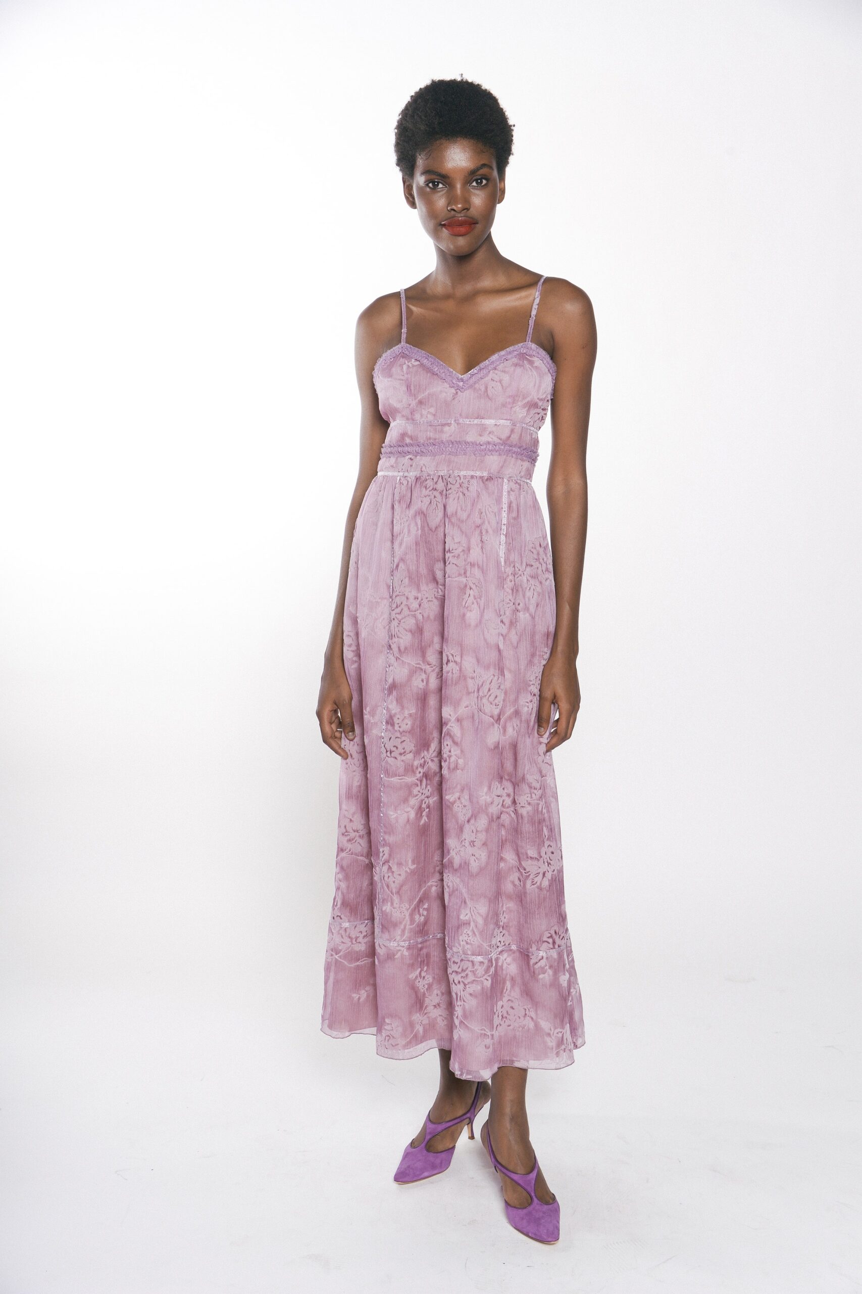 fitted purple silk maxi dress