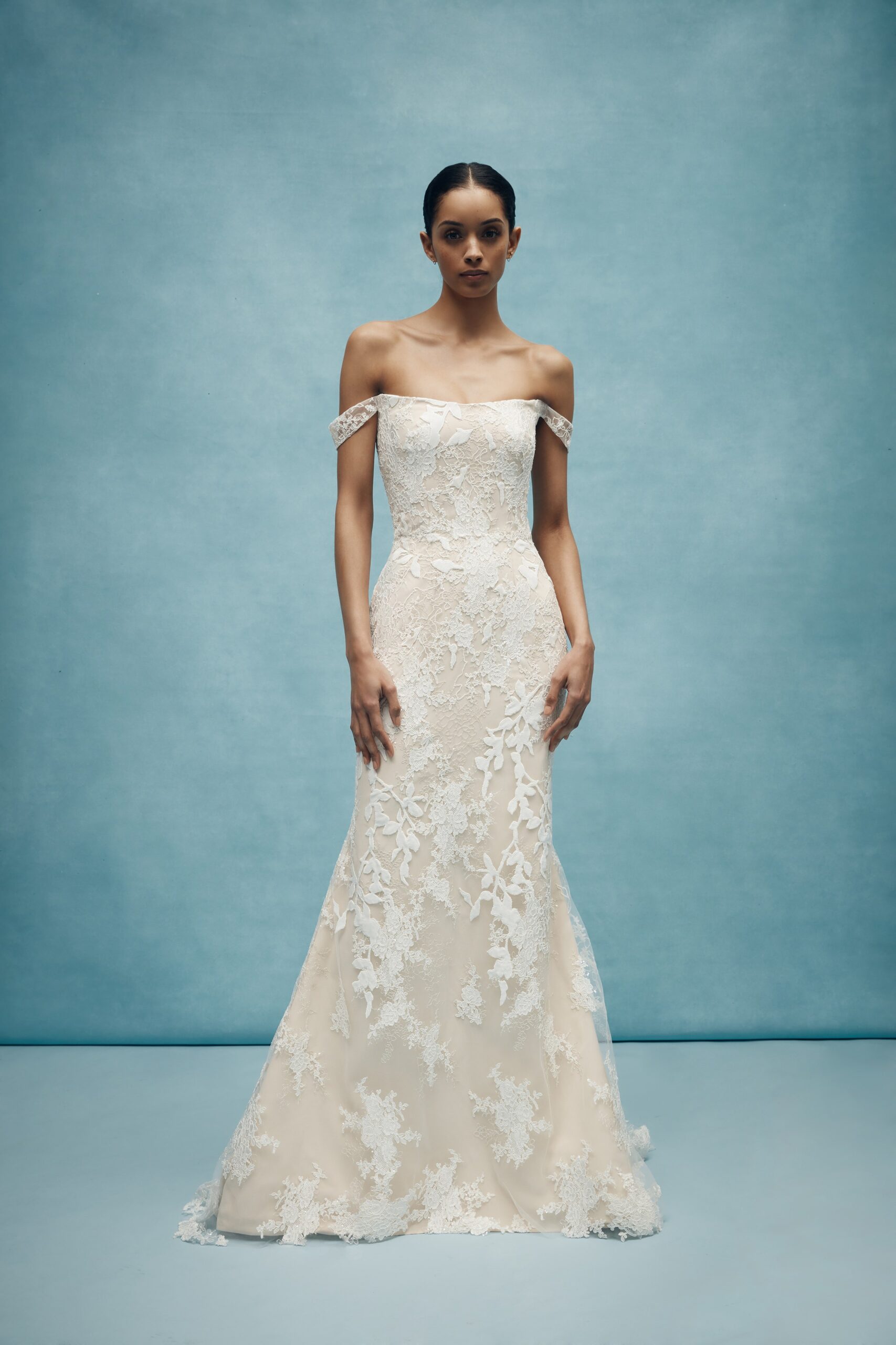 ivory lace off-shoulder gown