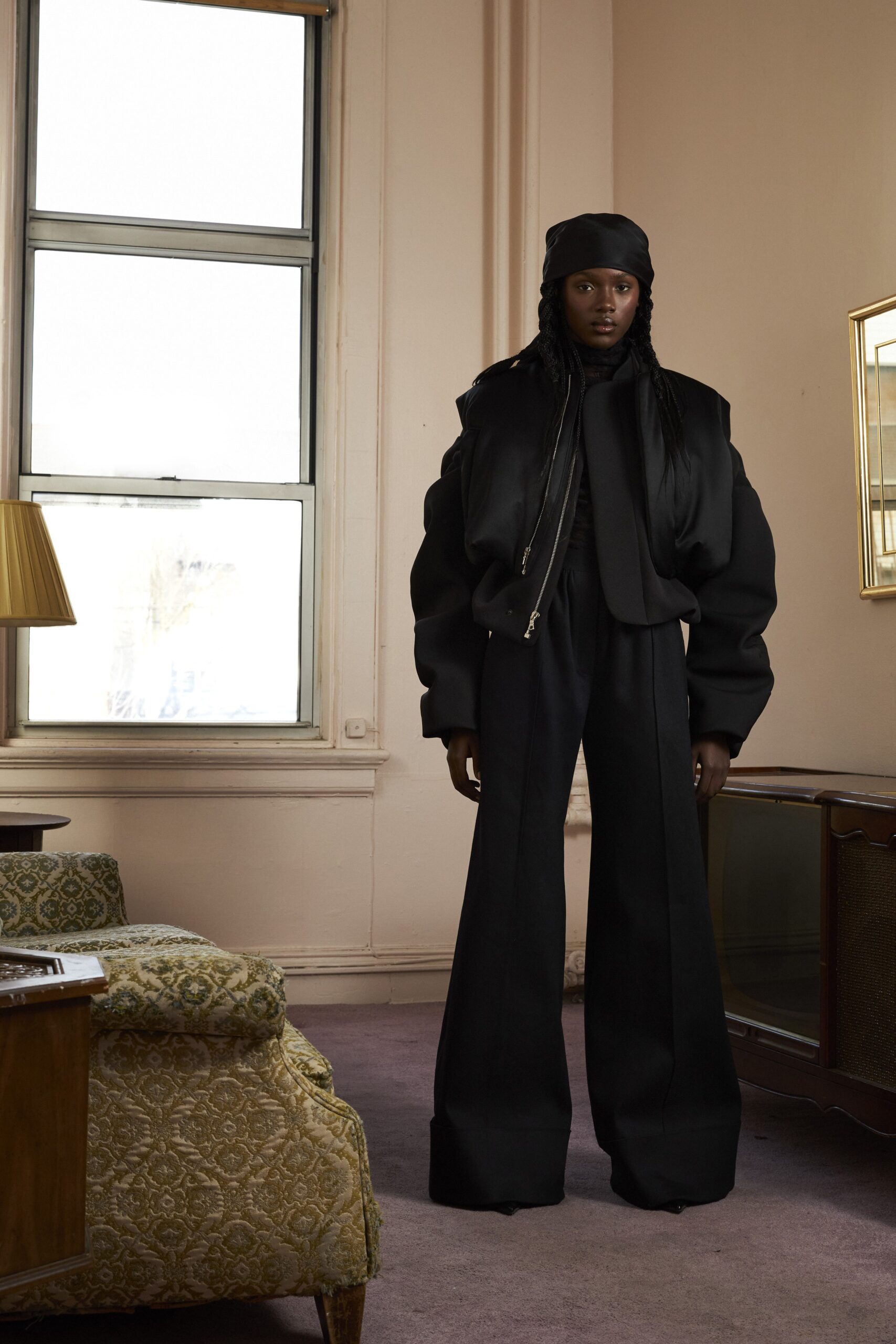 black oversized jacket and wide-leg pants