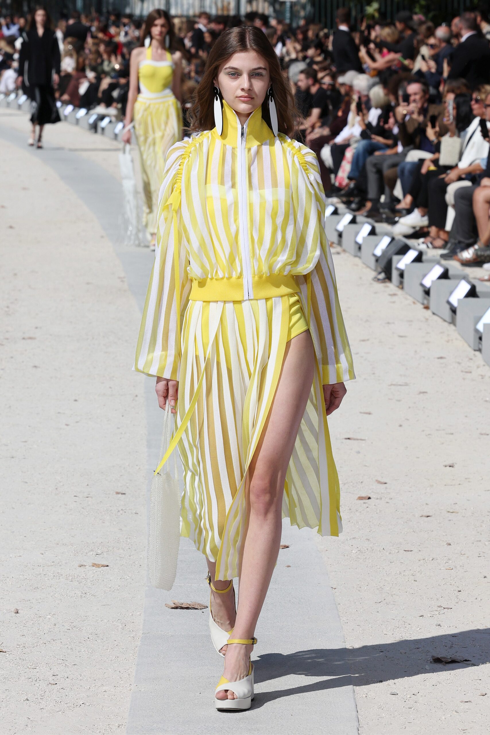 yellow and white striped midi dress