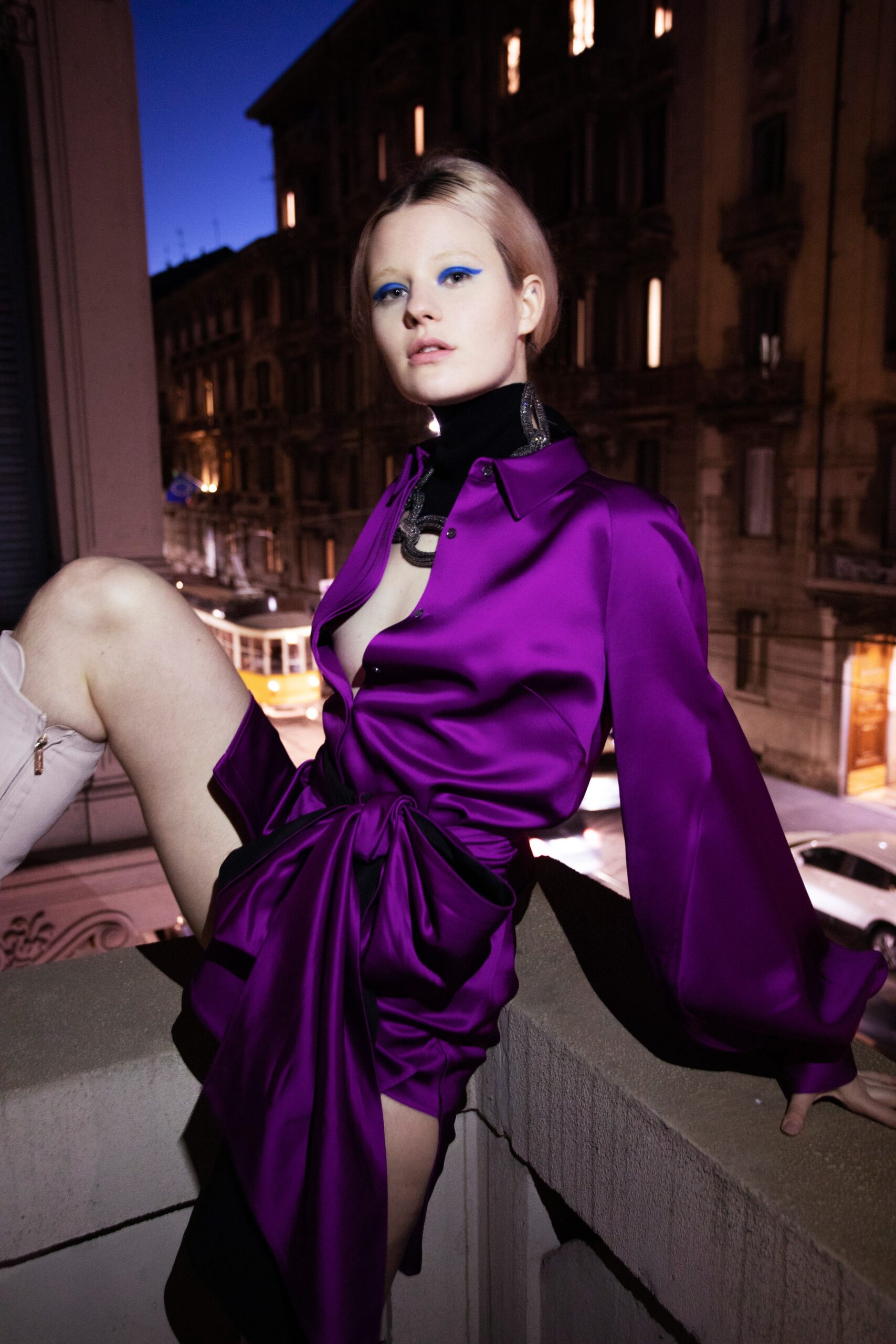 fitted purple silk mini dress