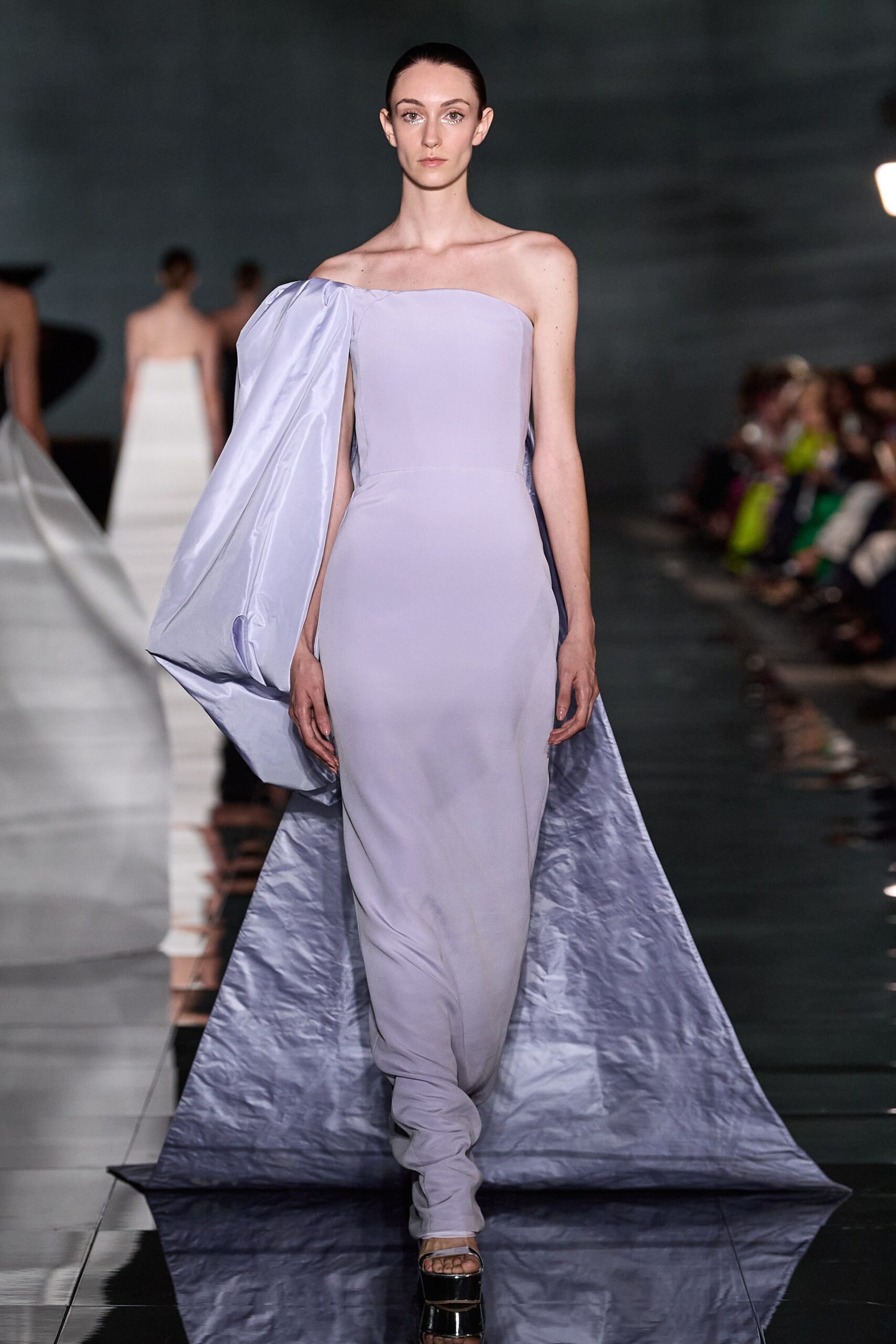 lavender silk strapless gown