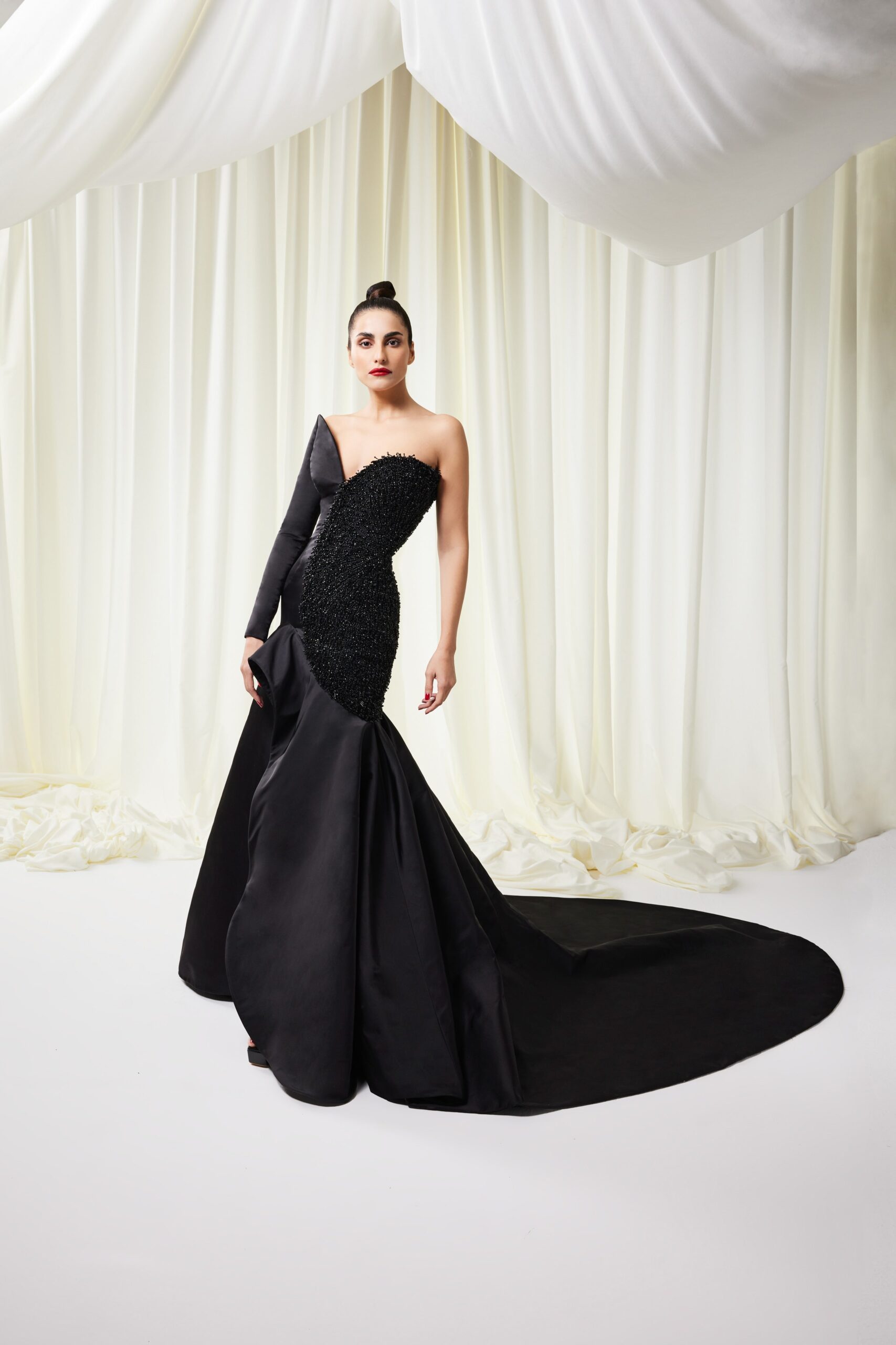 black beaded asymmetric gown