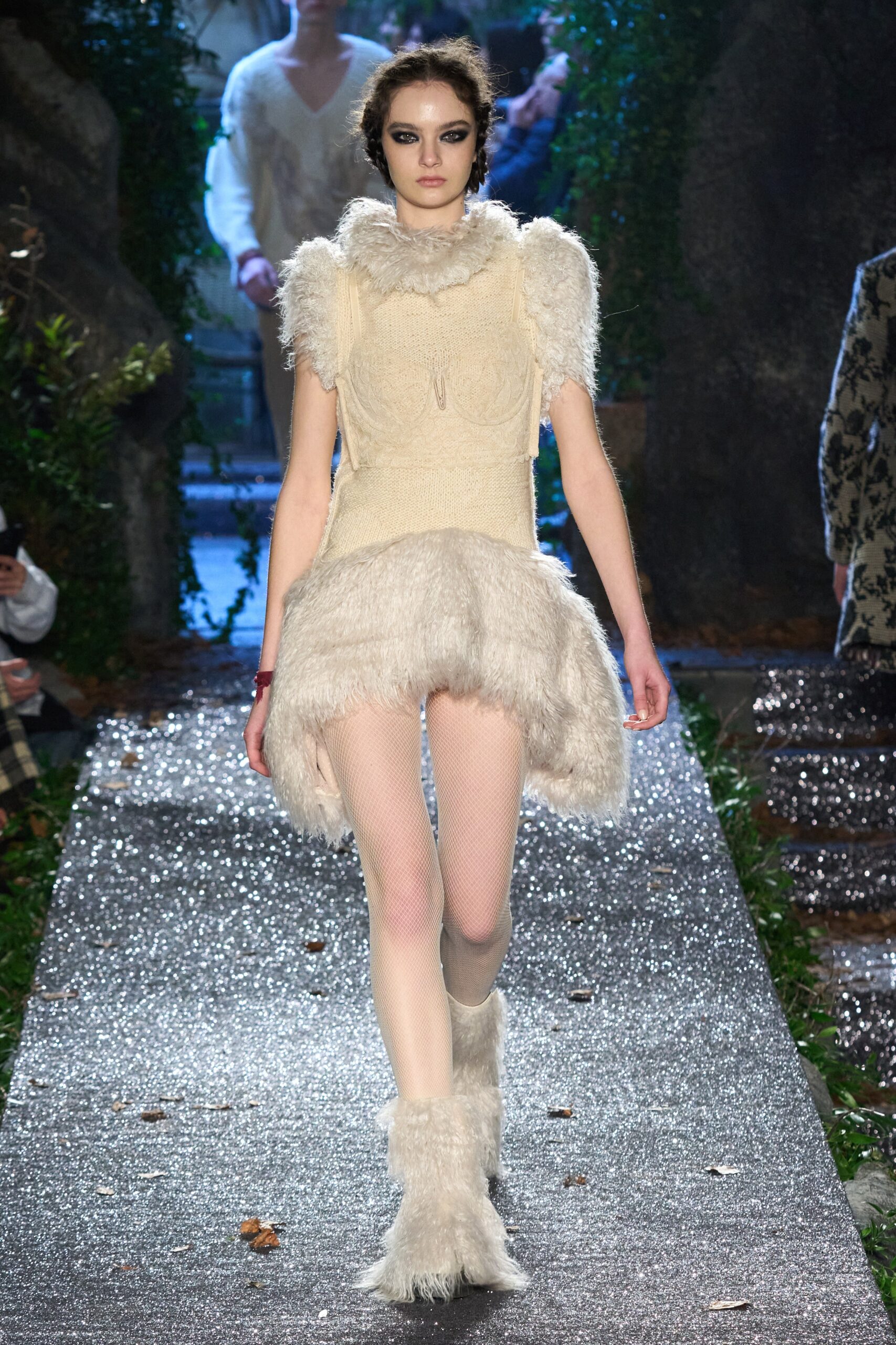 white ruffled mini dress with fur boots