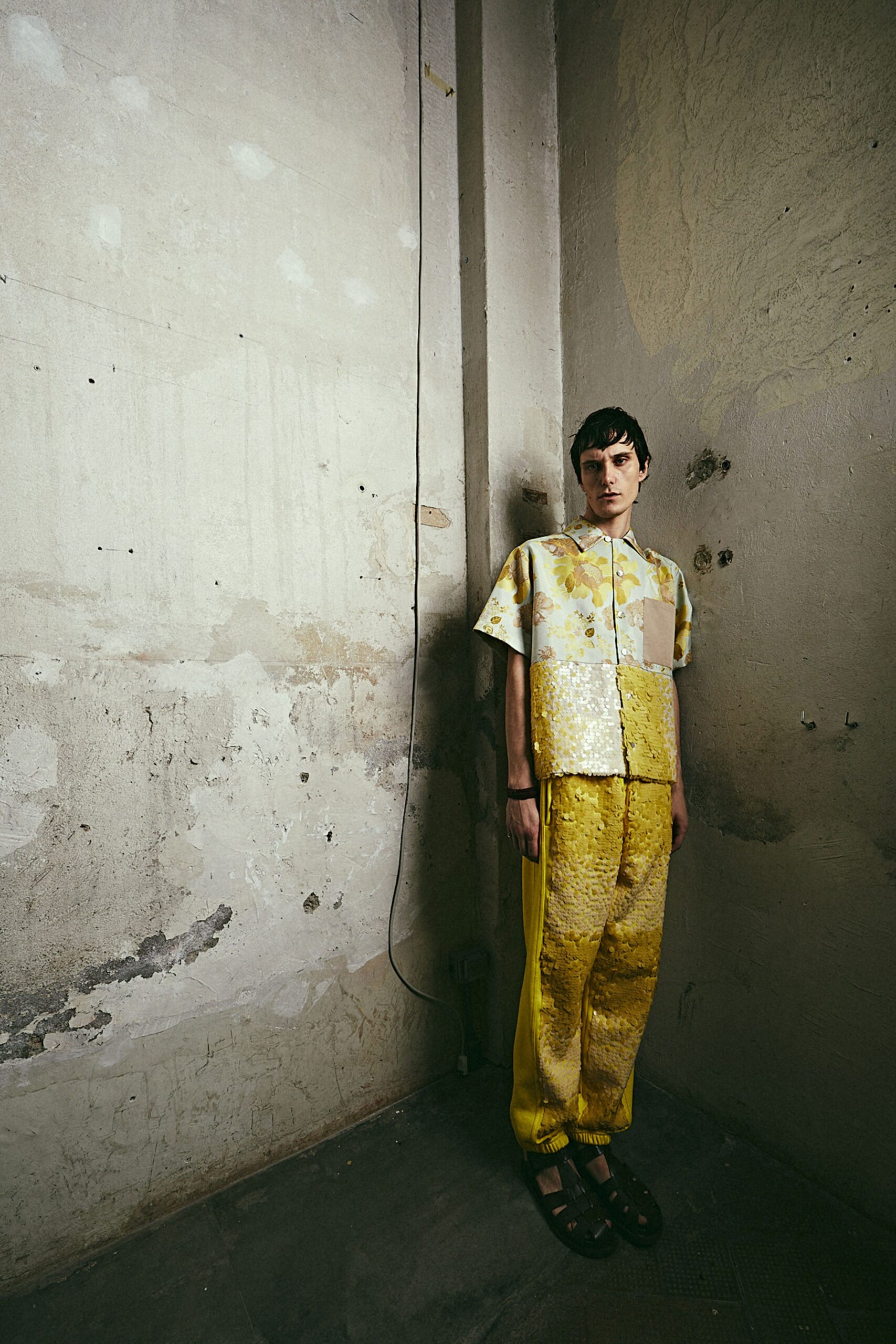 yellow floral silk top and pants