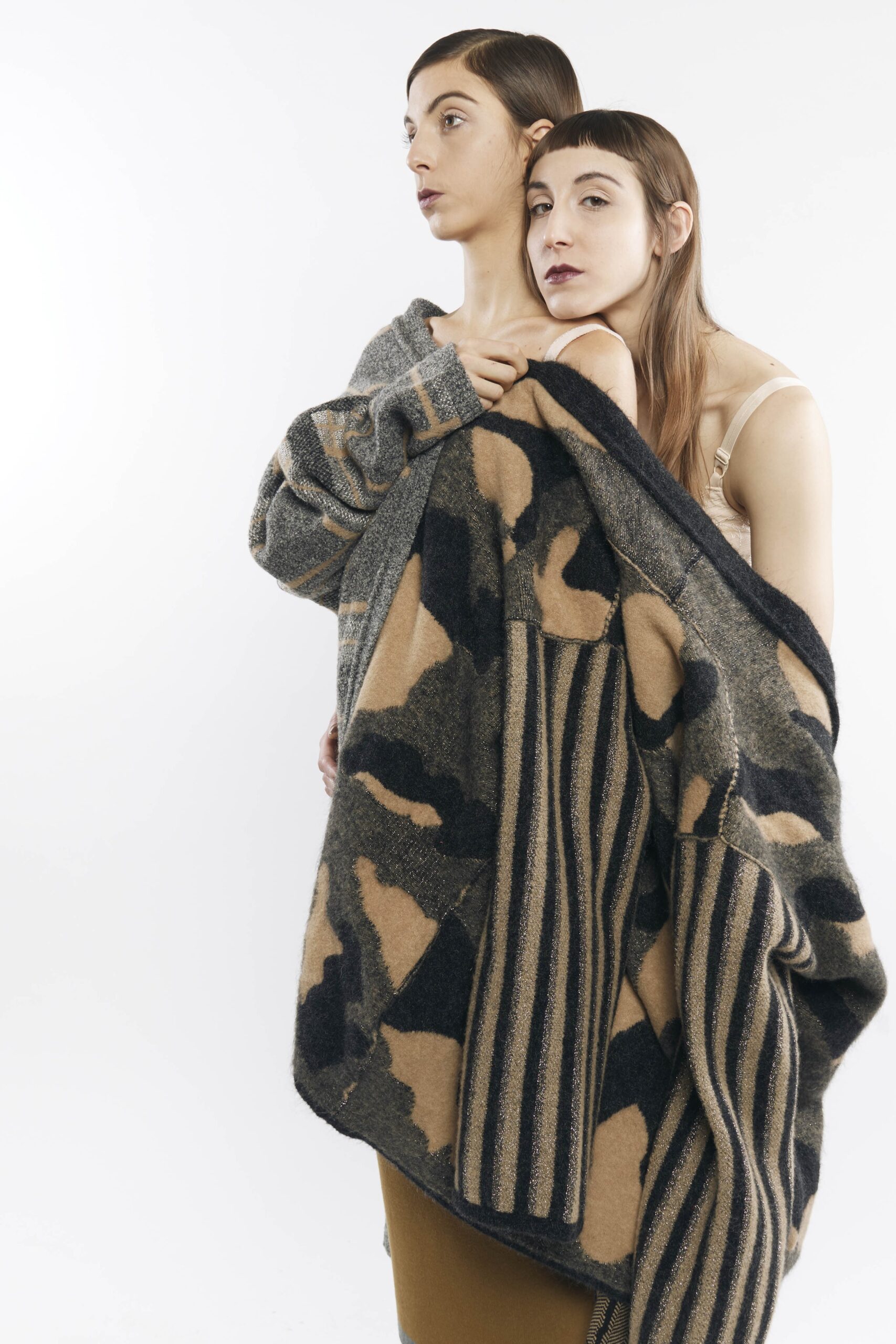 brown wool relaxed camouflage striped poncho