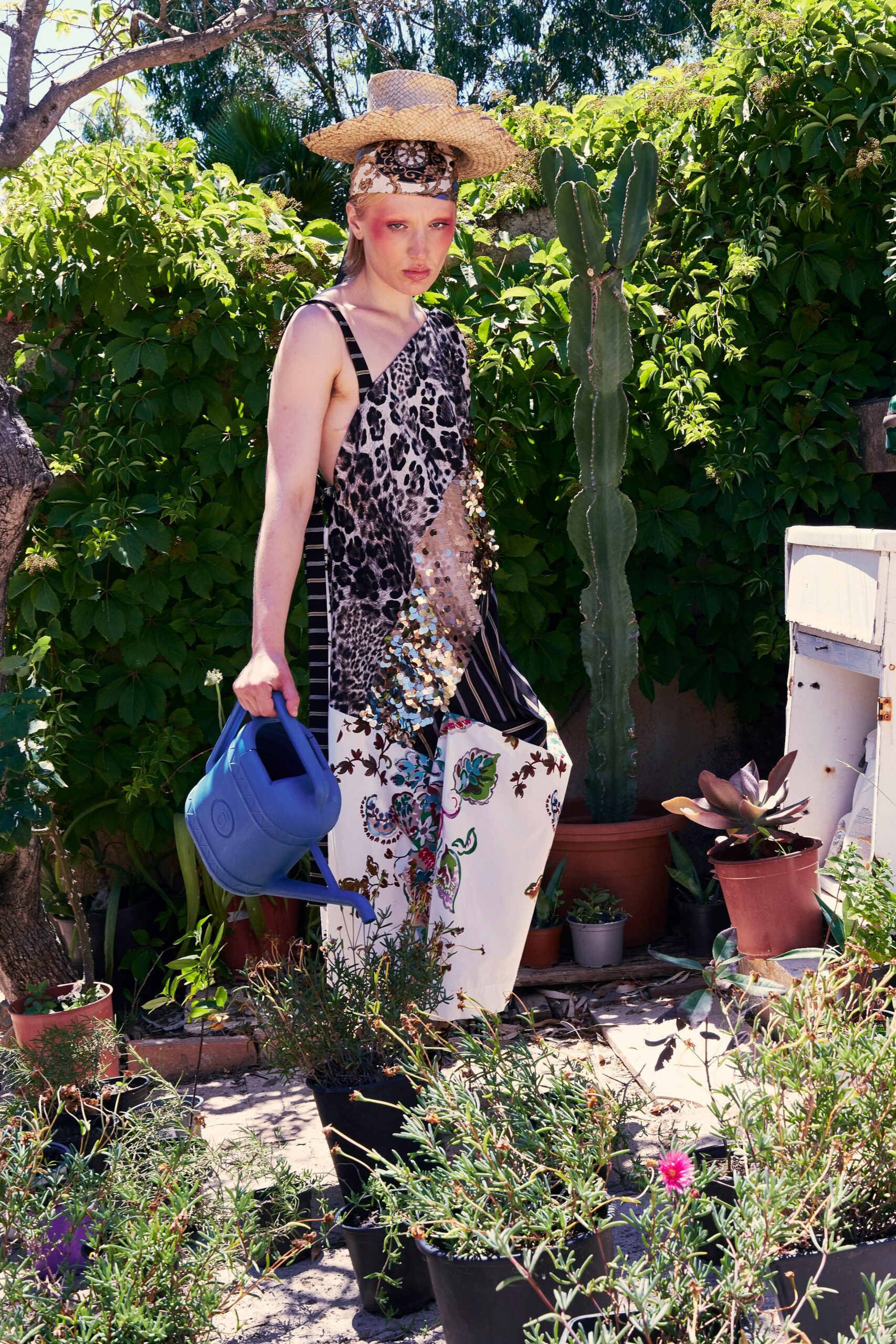 white cotton sleeveless asymmetric relaxed printed midi dress
