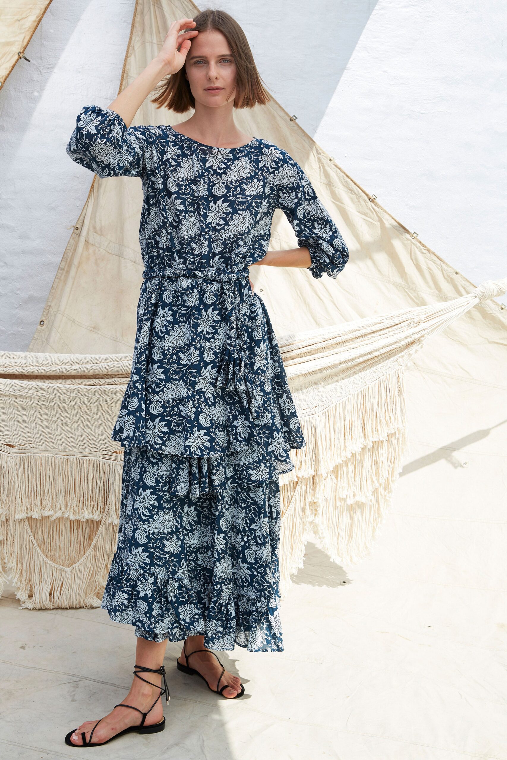 blue floral tiered midi dress