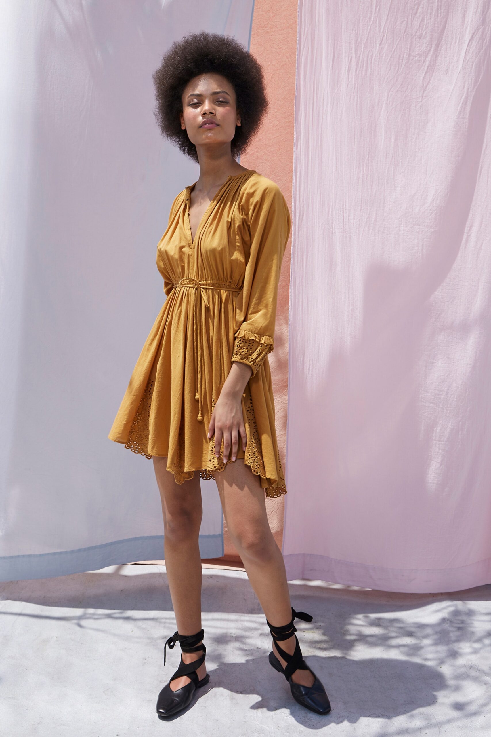 yellow cotton long-sleeve mini dress