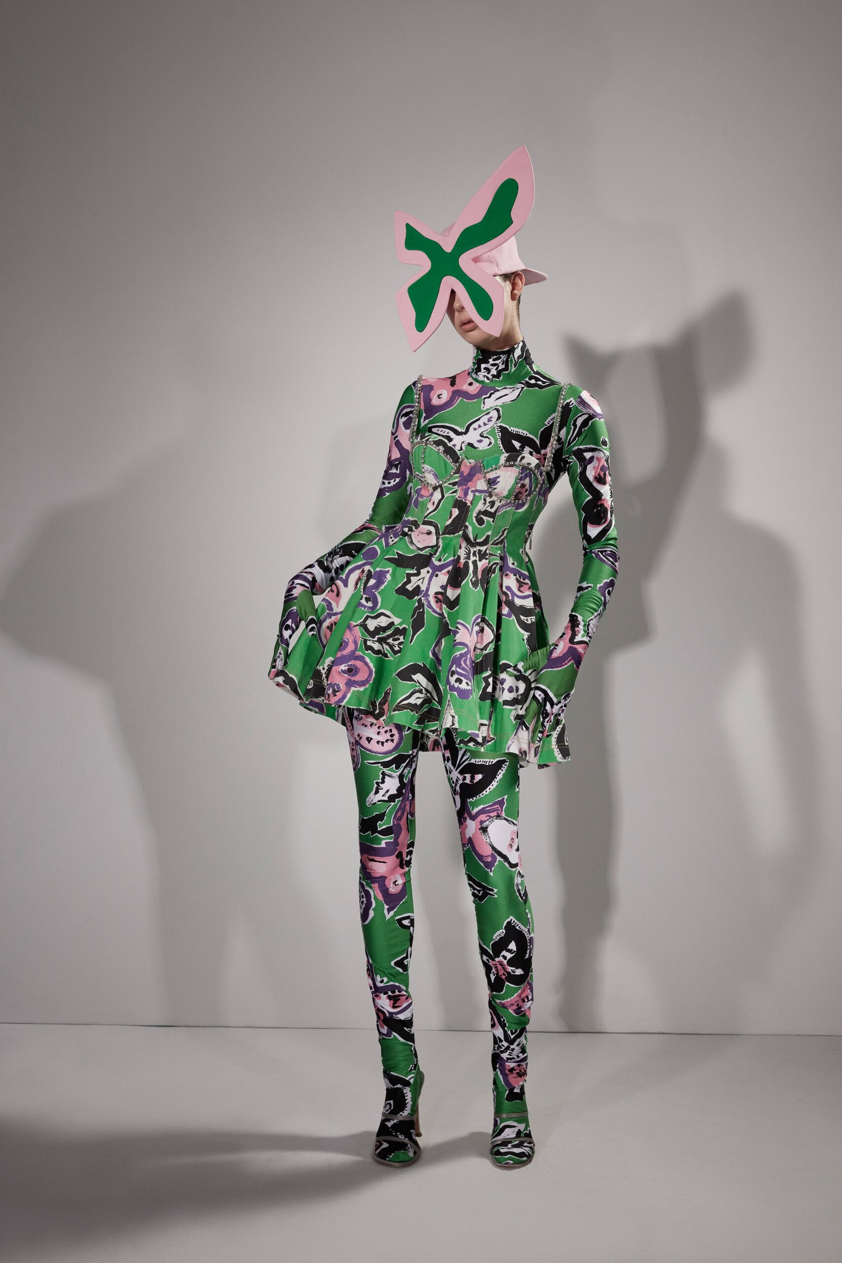 green and pink flared mini dress