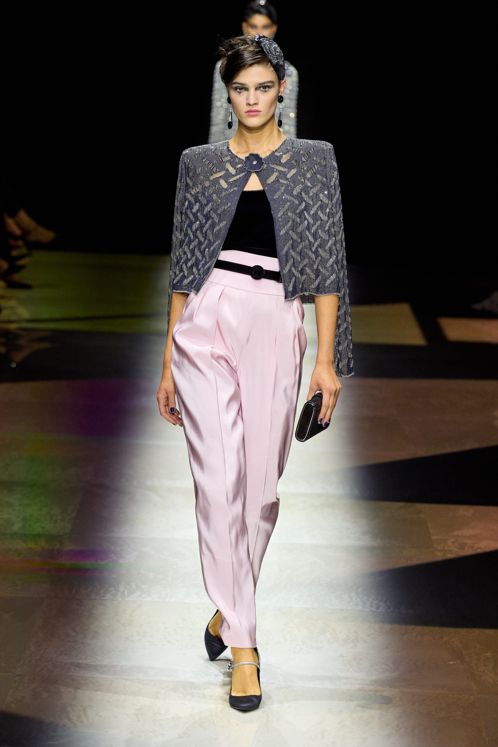 gray embroidered cape with black top