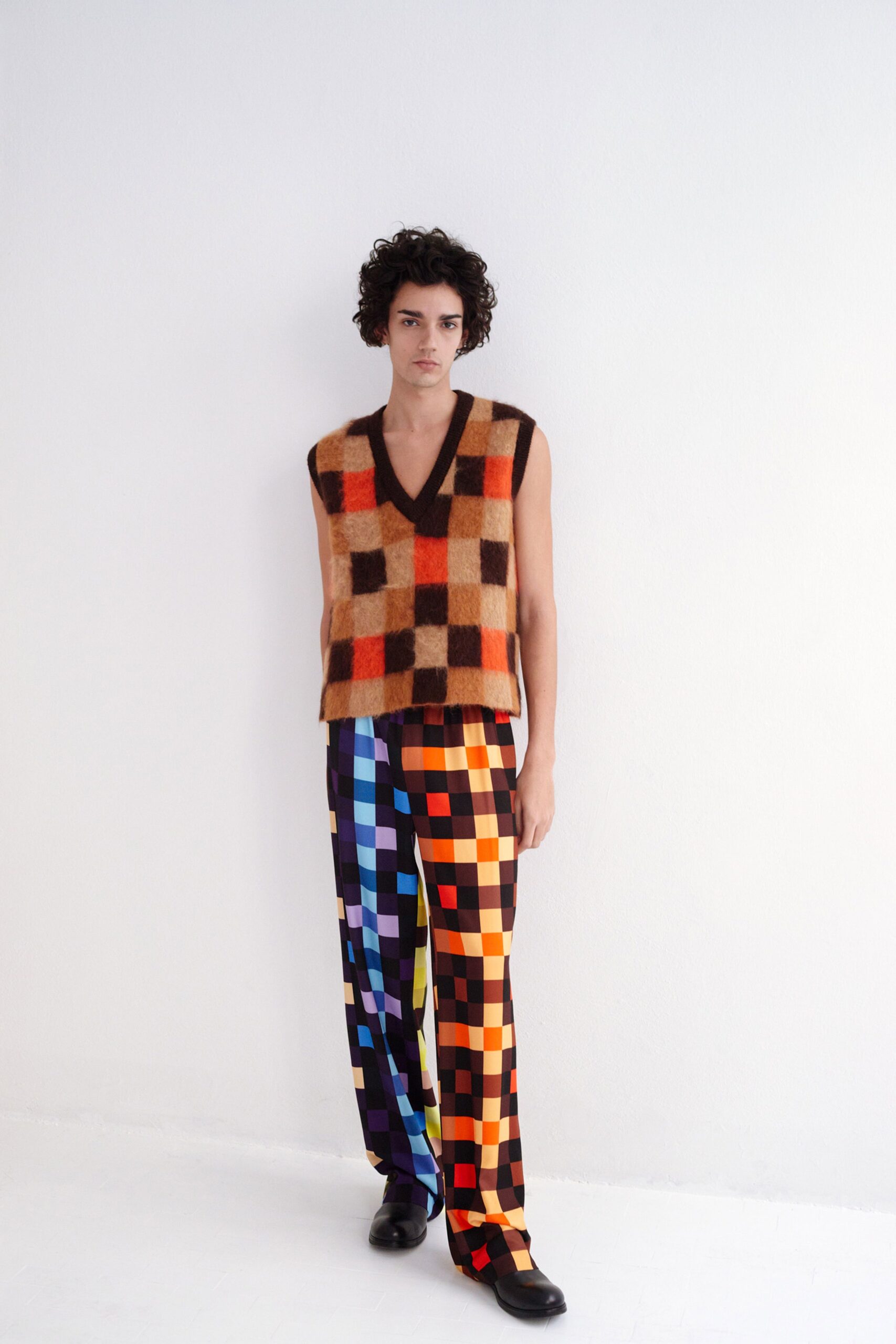 orange wool sleeveless v-neck relaxed checked vest