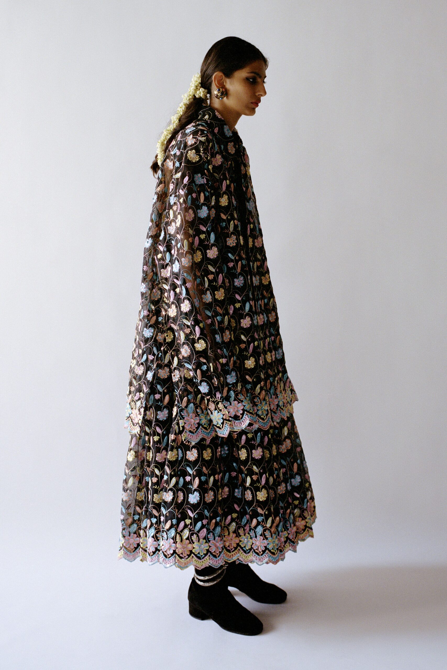 black sequin long-sleeve relaxed layered embroidered shiny cape
