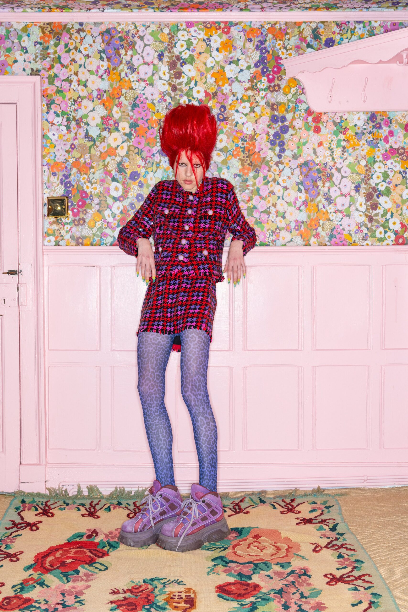 red cotton long-sleeve collared fitted checked short dress