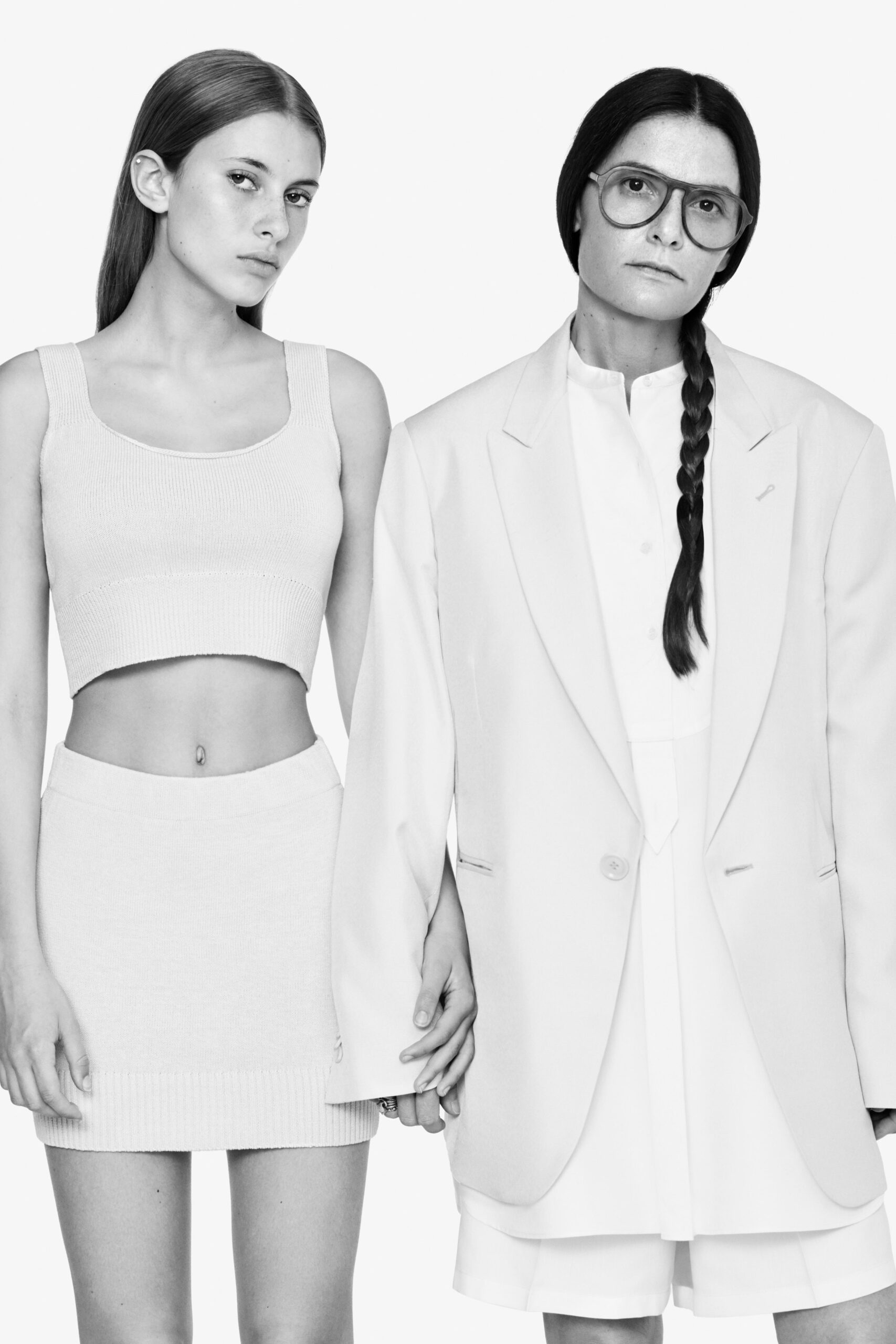 white crop-top and skirt with blazer