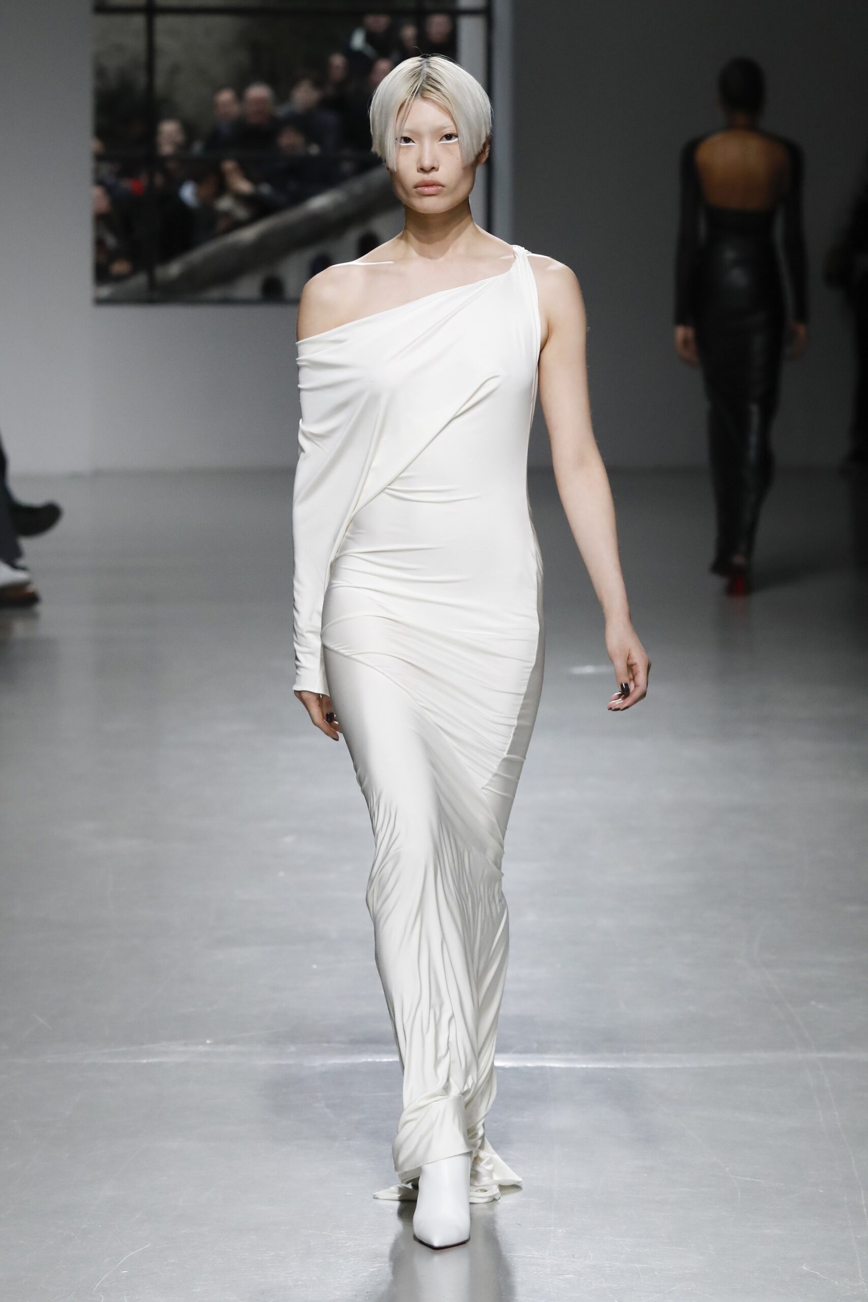 white silk off-shoulder gown