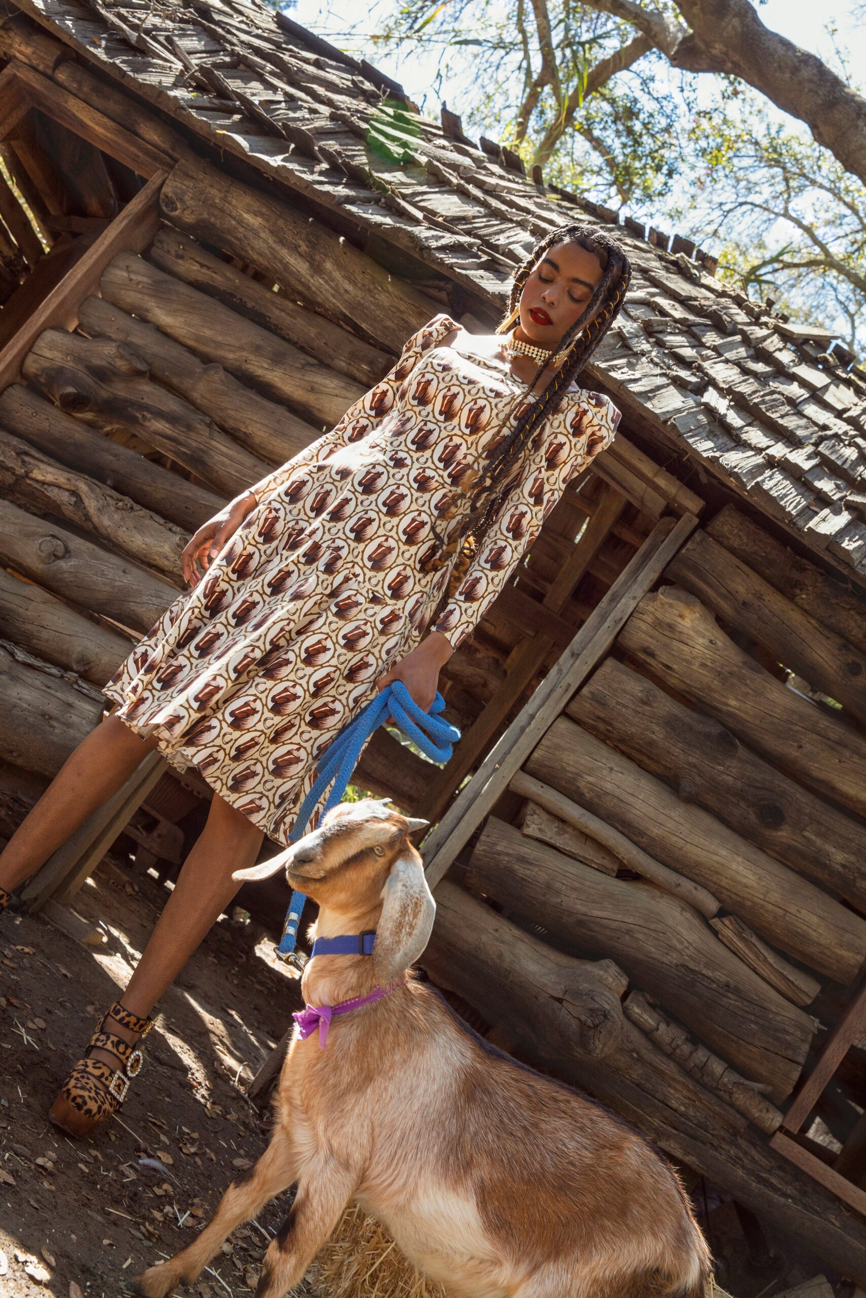 multi-printed midi dress with animal-print shoes
