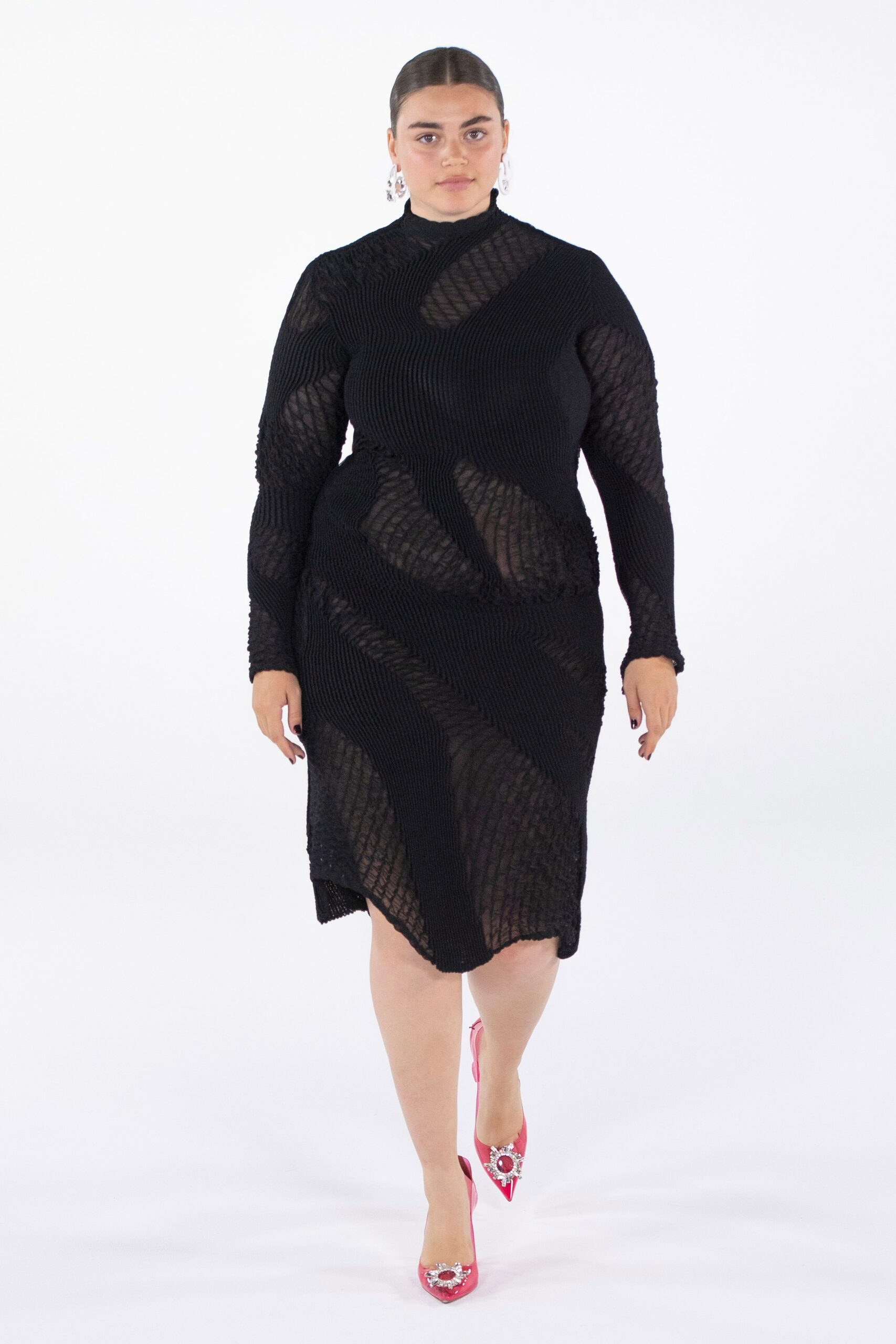 black mesh long-sleeve high-neck fitted ruched sheer dress