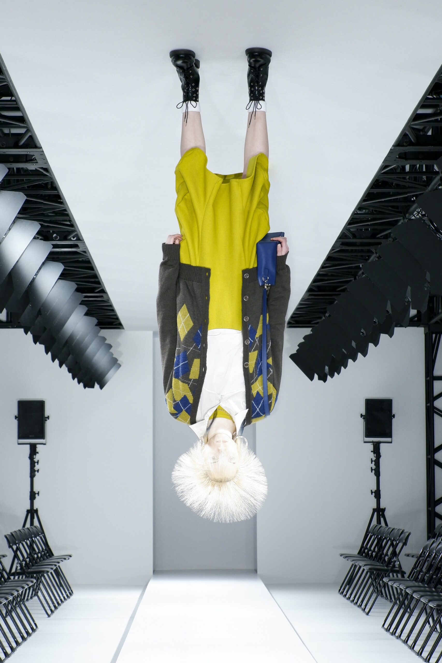 gray cardigan with yellow skirt