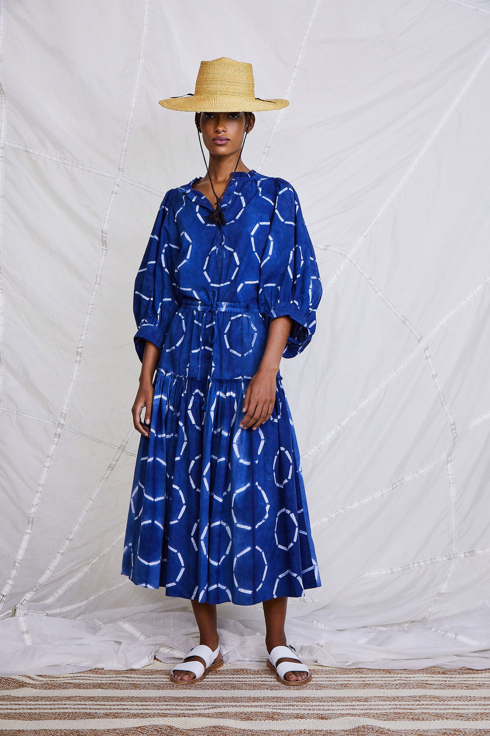 blue cotton tiered midi dress