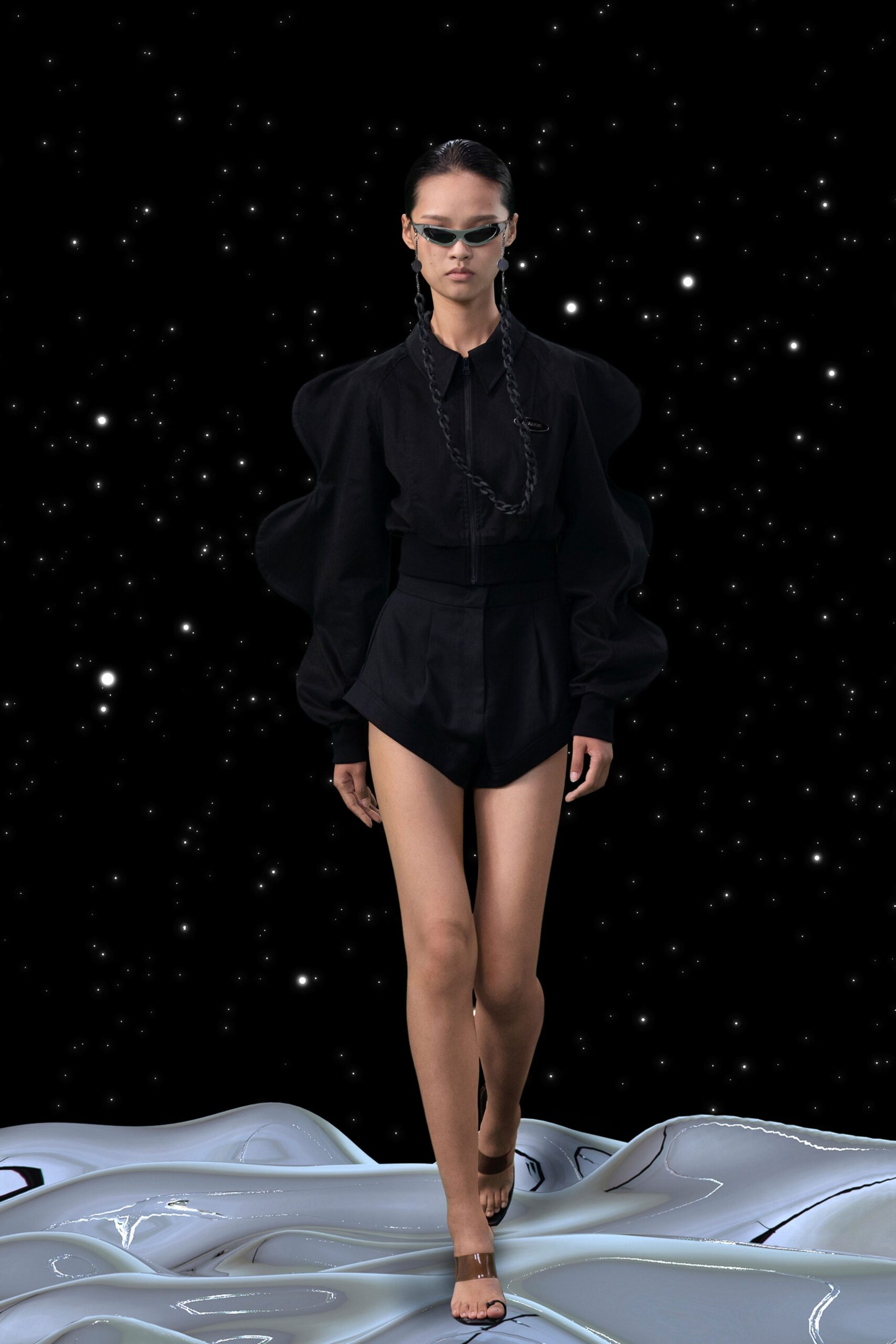 black fitted blouse and shorts