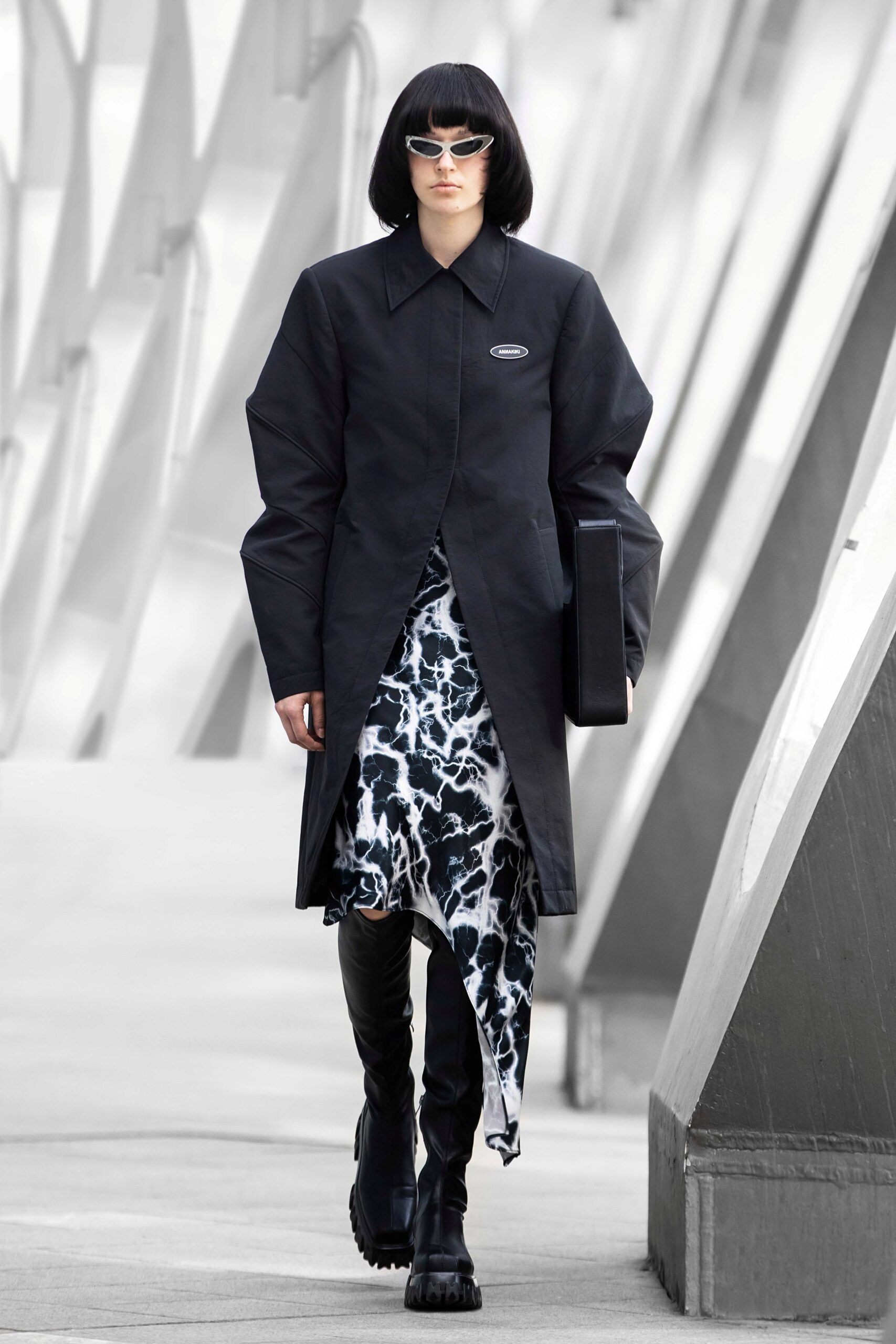 oversized black coat with asymmetric dress