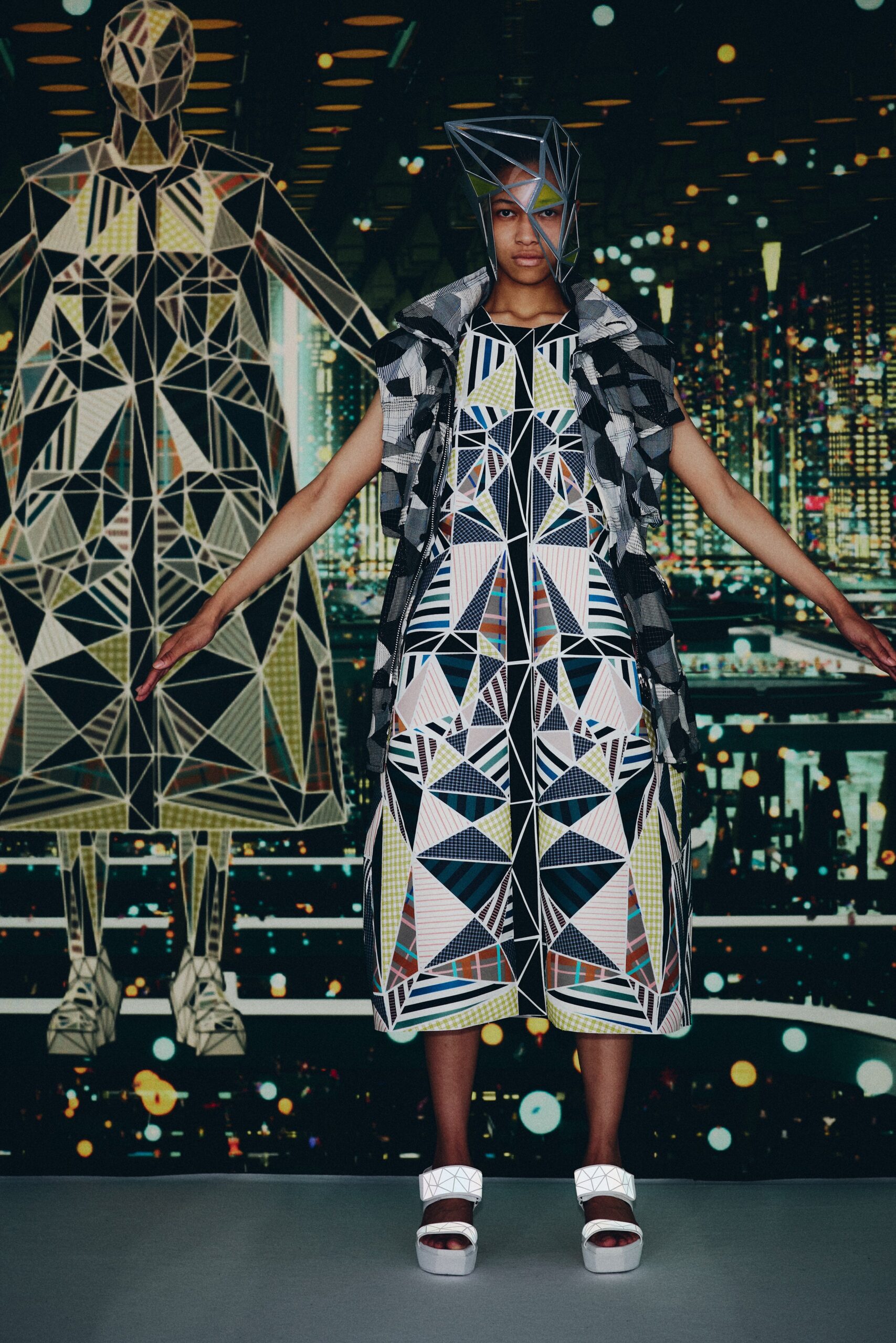 relaxed printed midi dress with oversized cape