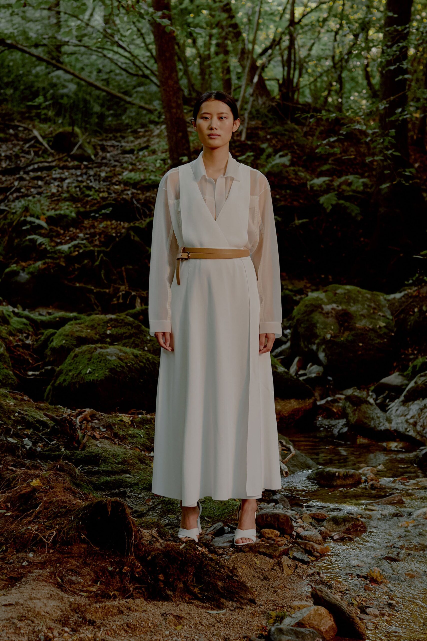 white silk long-sleeve dress