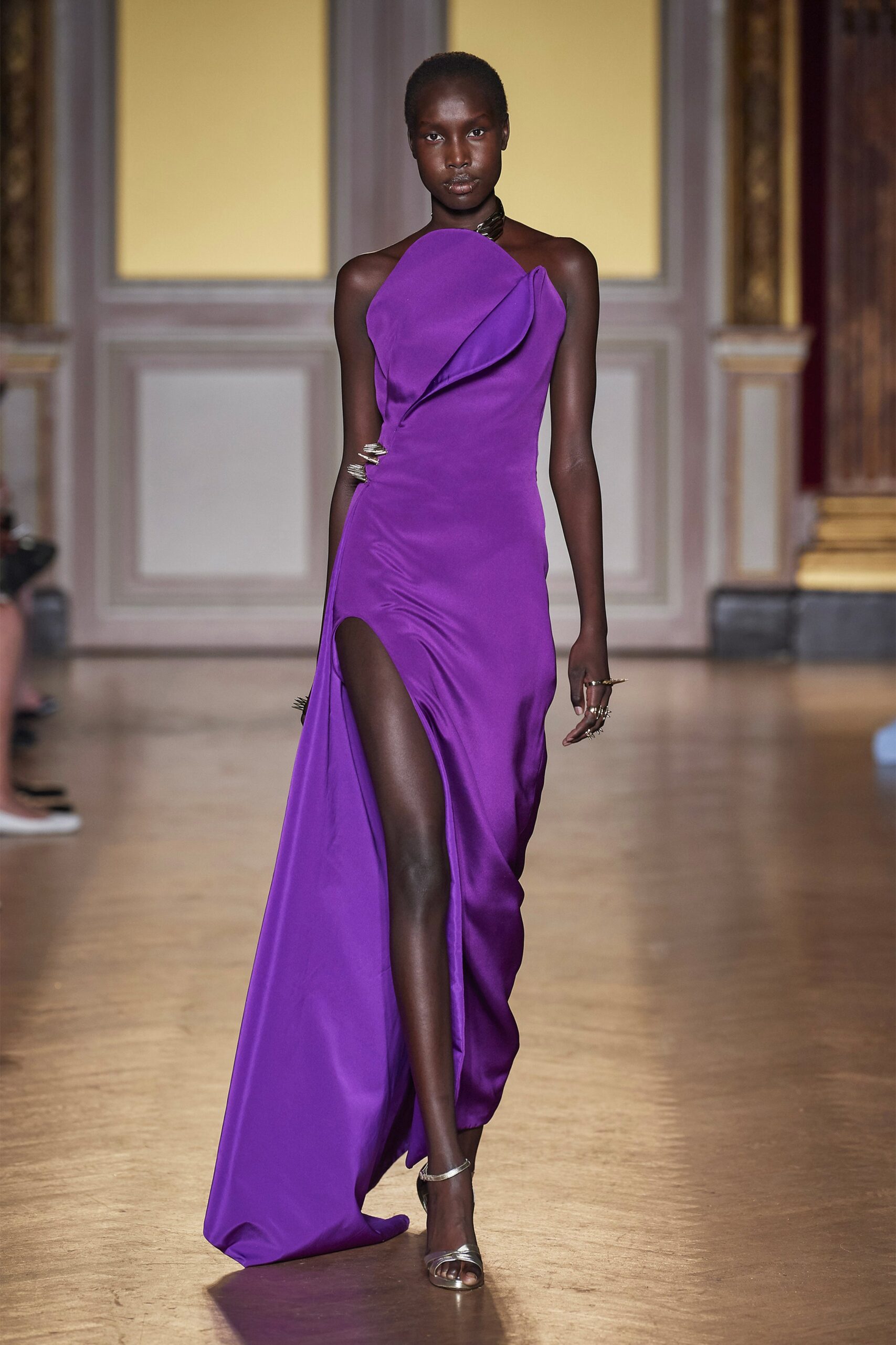 fitted purple silk gown