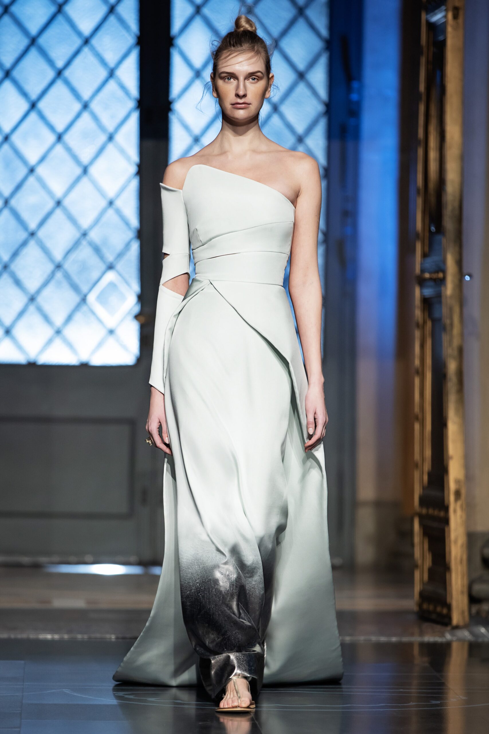 light blue silk off-shoulder gown