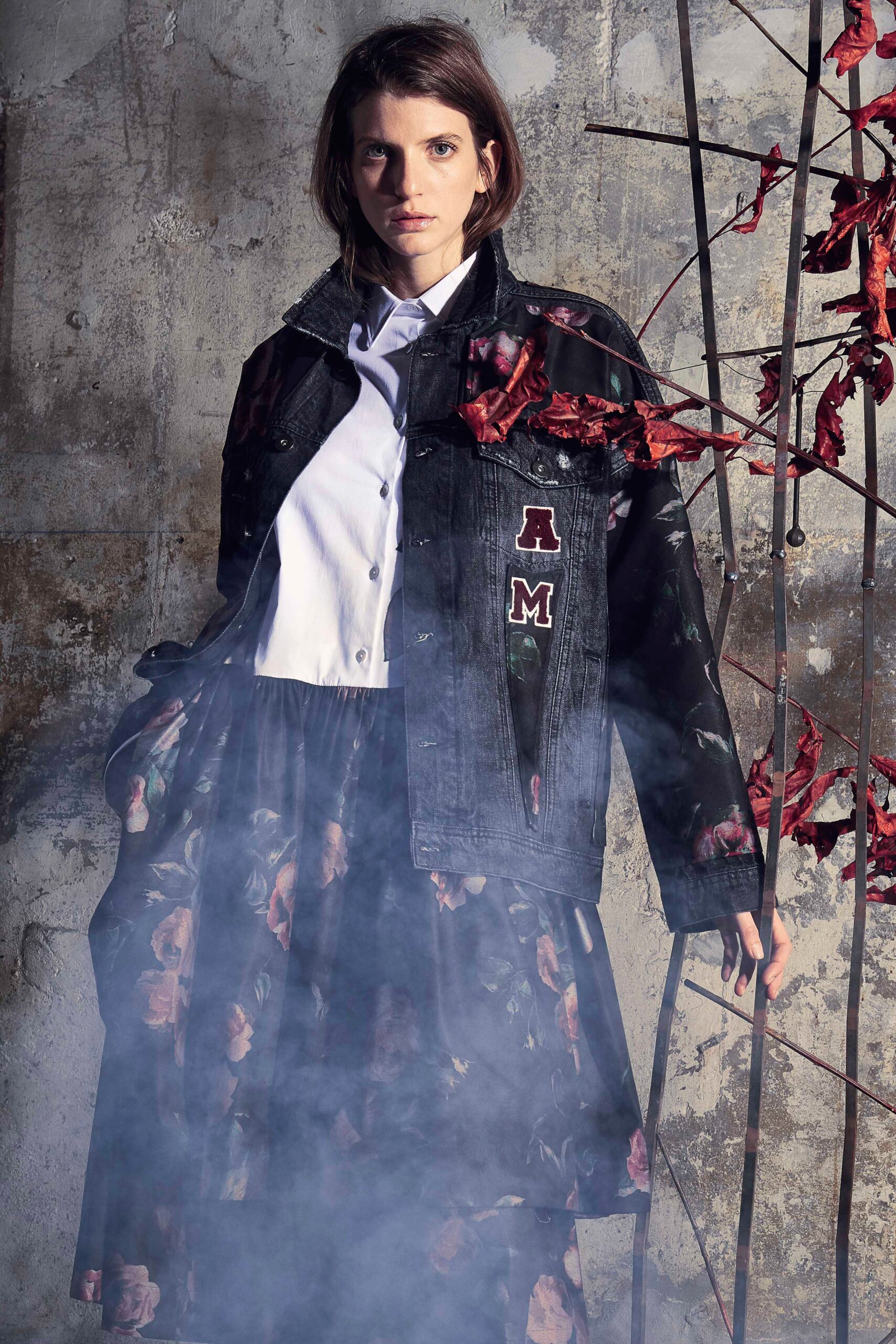 black denim jacket with floral skirt