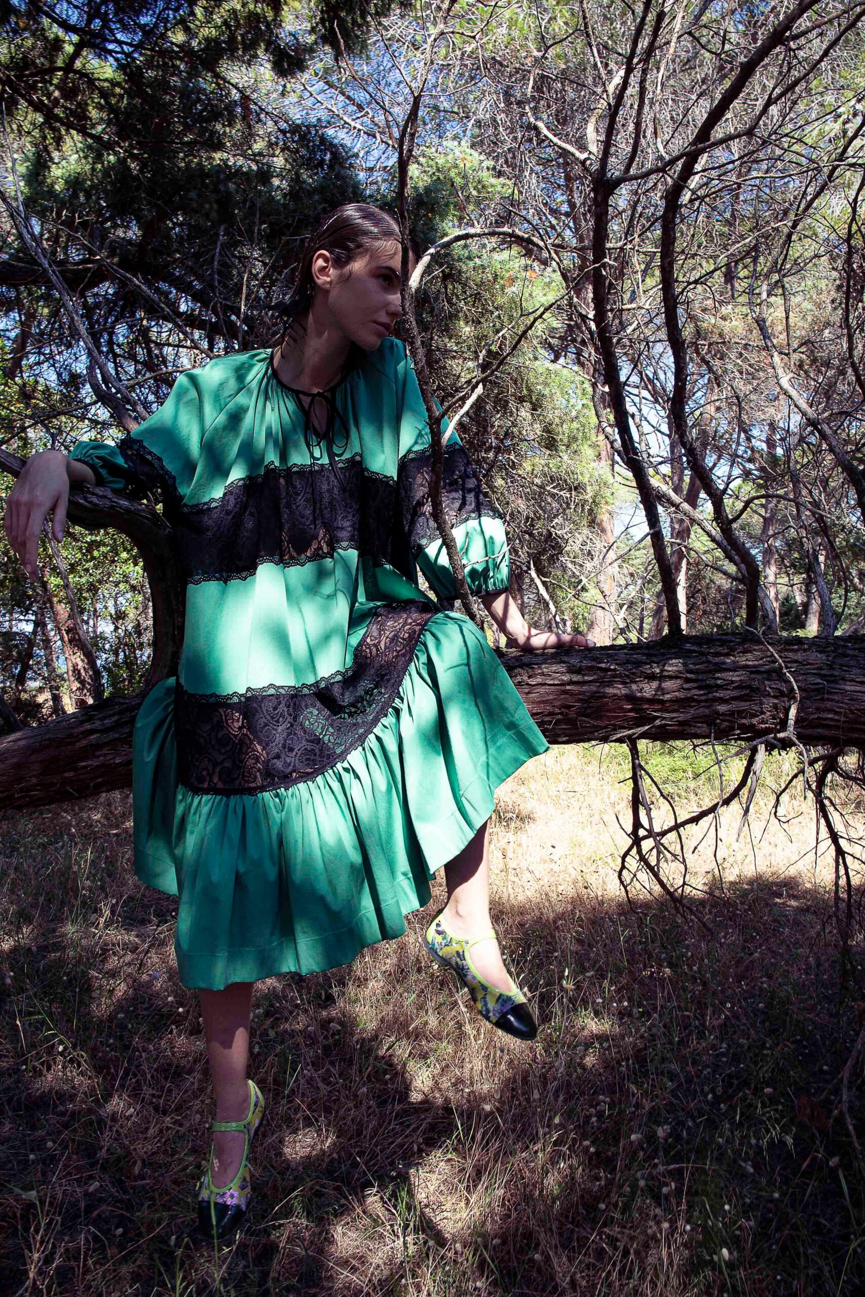 green and black tiered dress