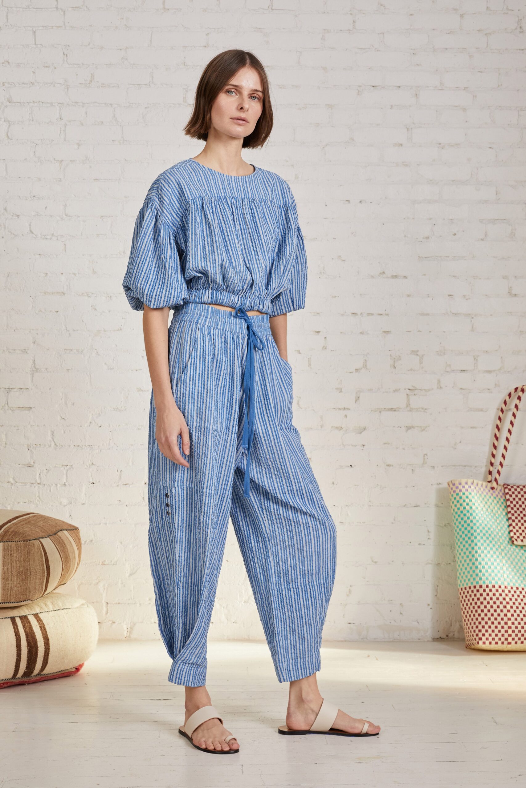blue striped cotton top and pants