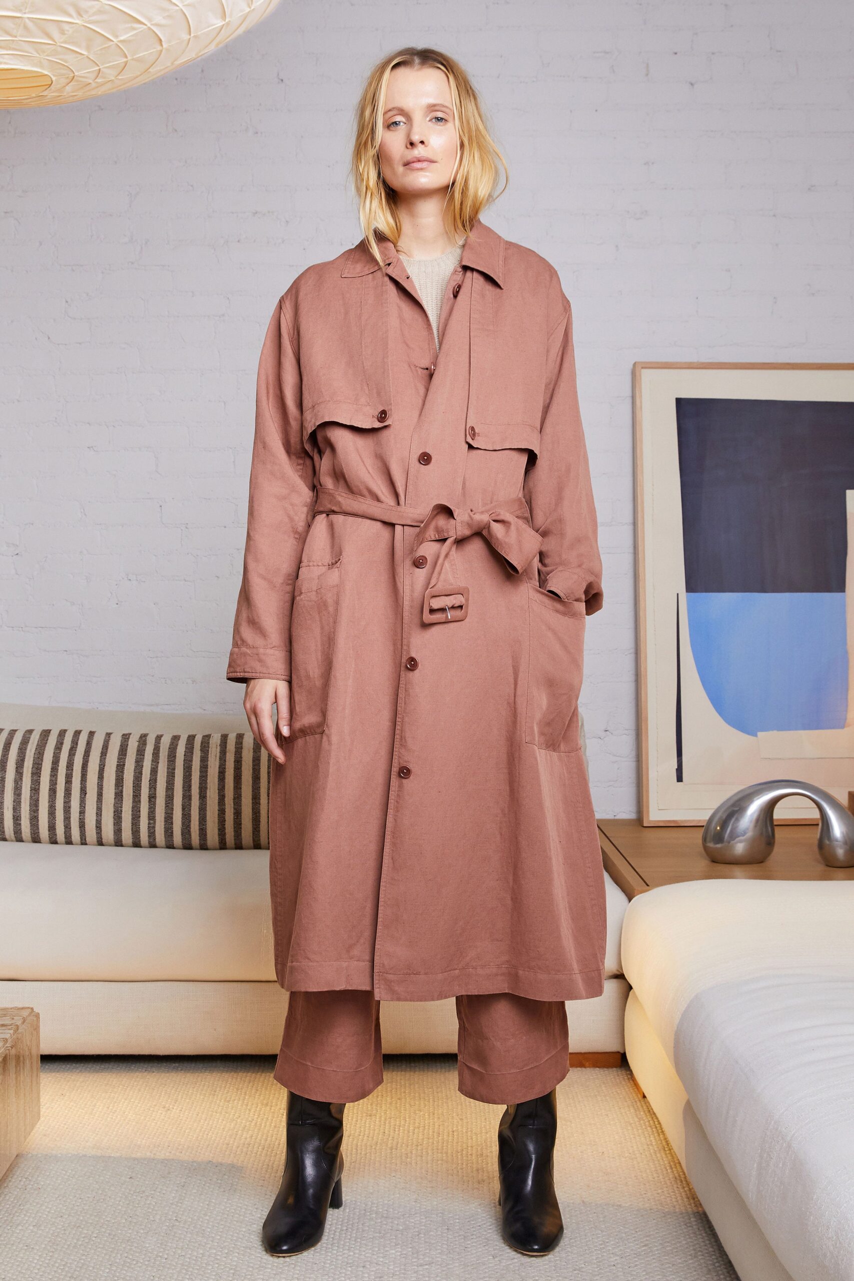 brown cotton coat with relaxed pants