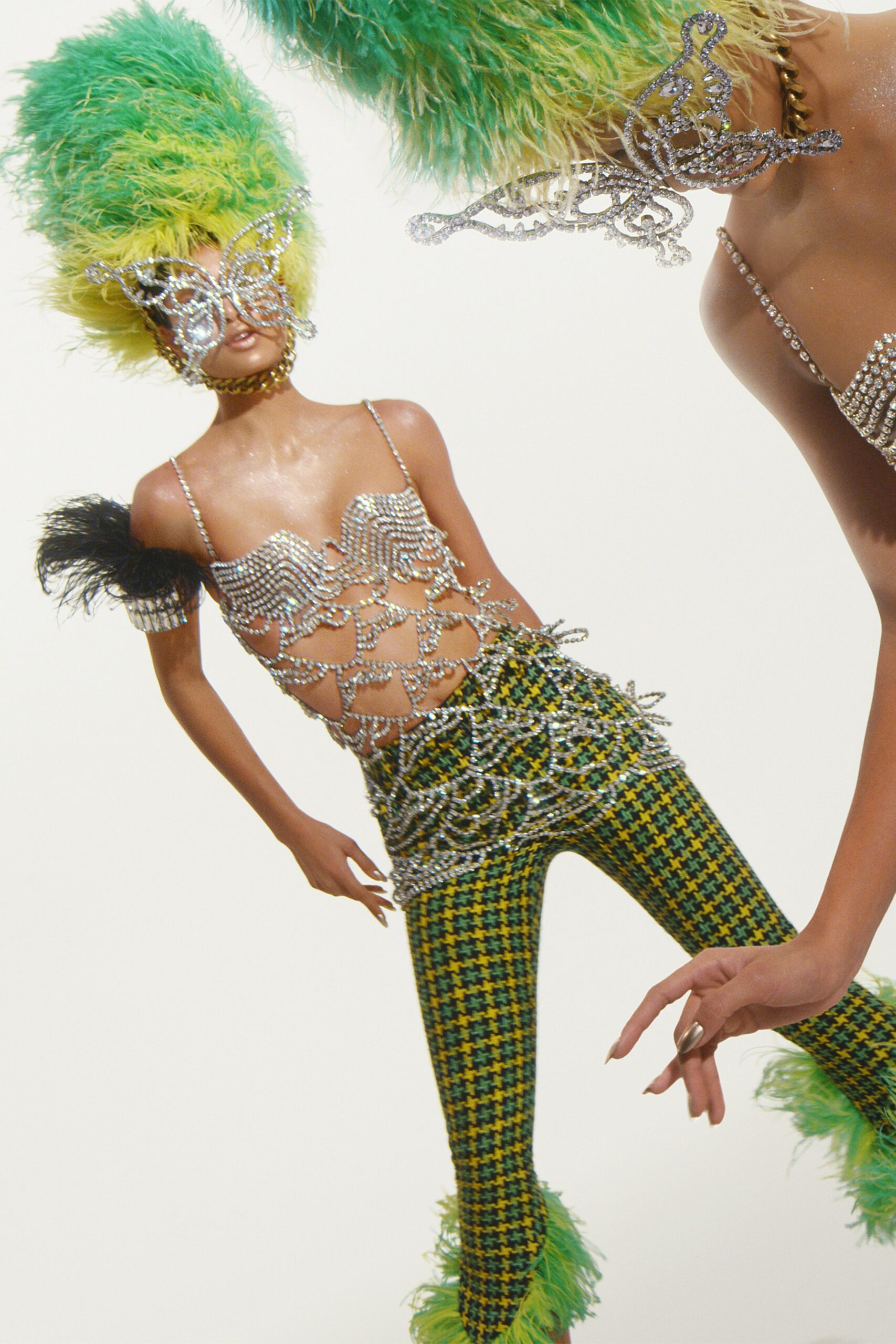 silver beaded top with checked pants