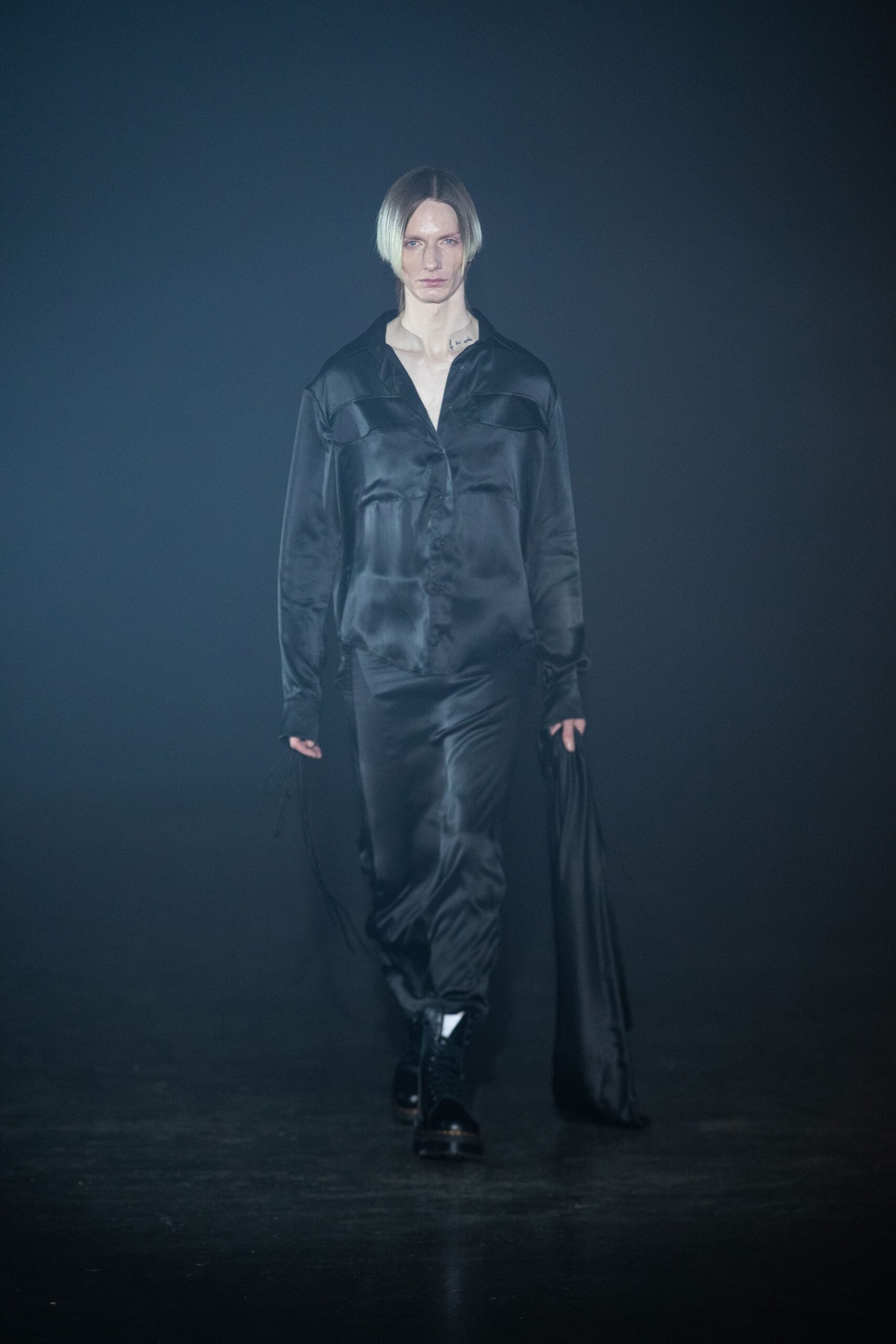 black silk midi dress and coat