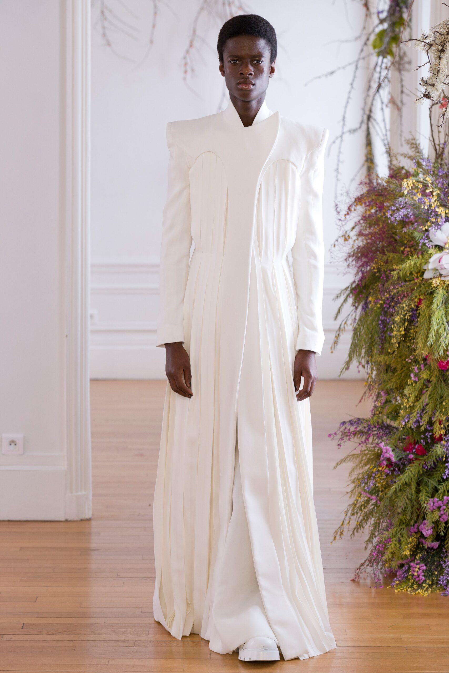 white silk fitted gown