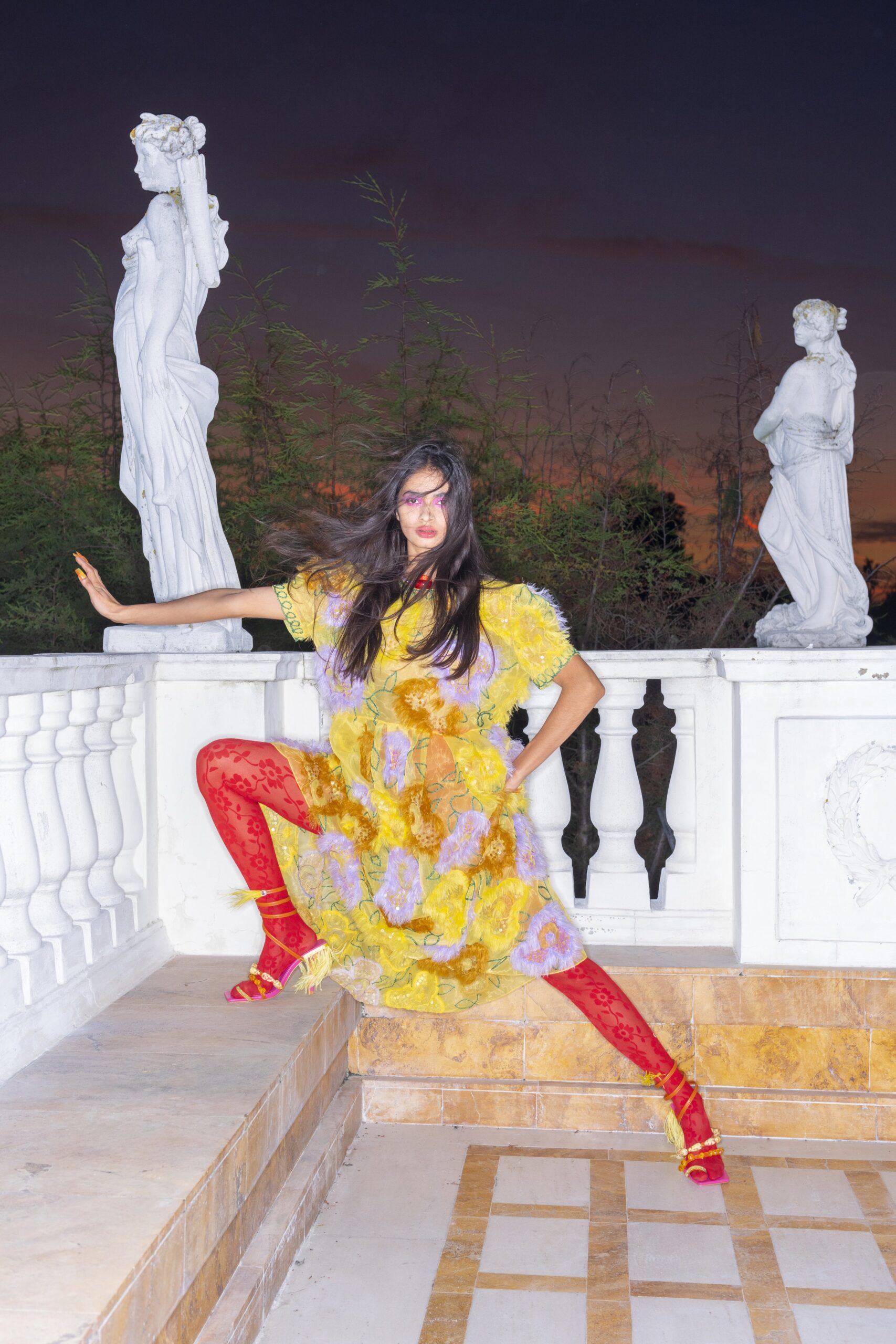 yellow flared mini dress with lace leggings