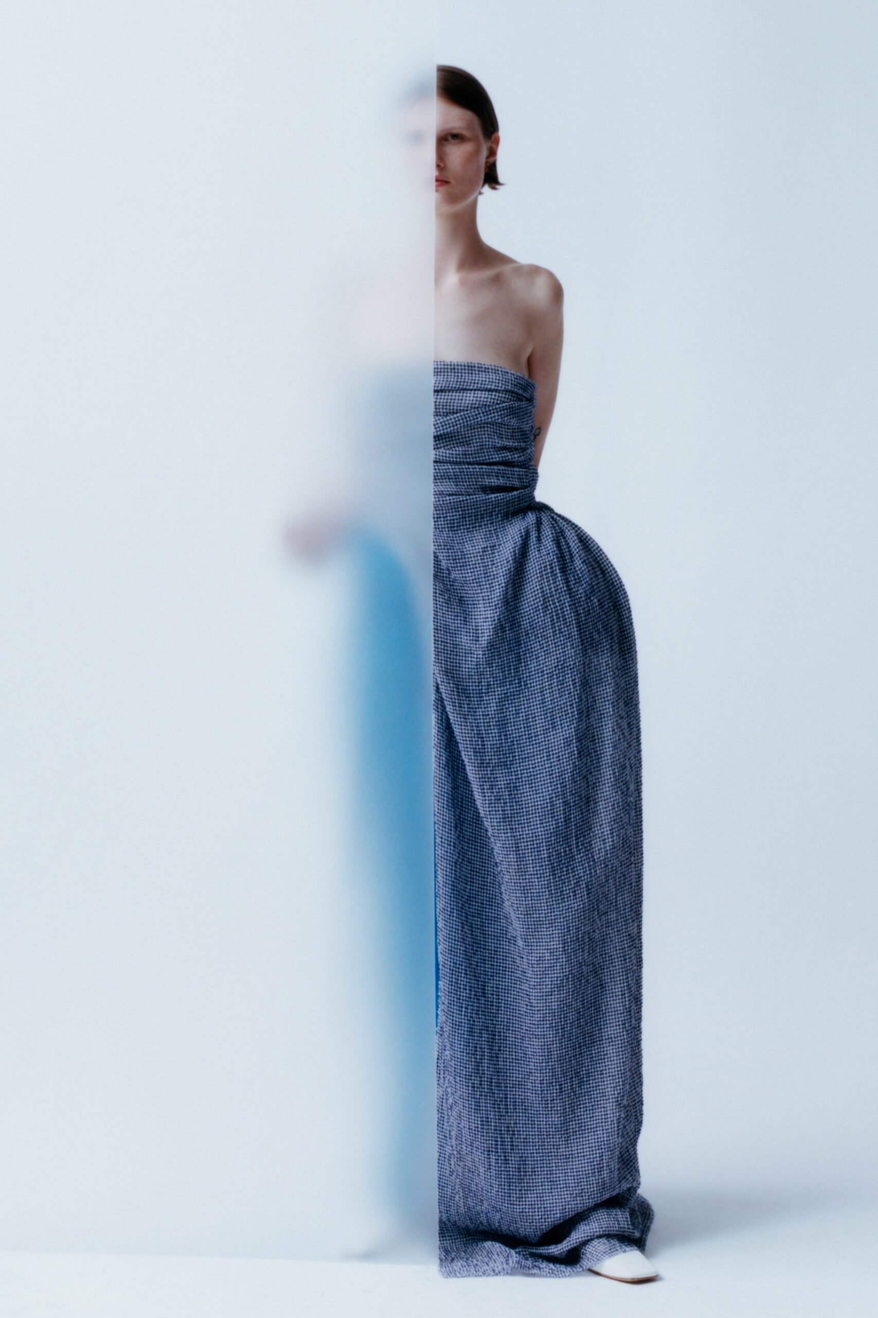 blue silk strapless gown