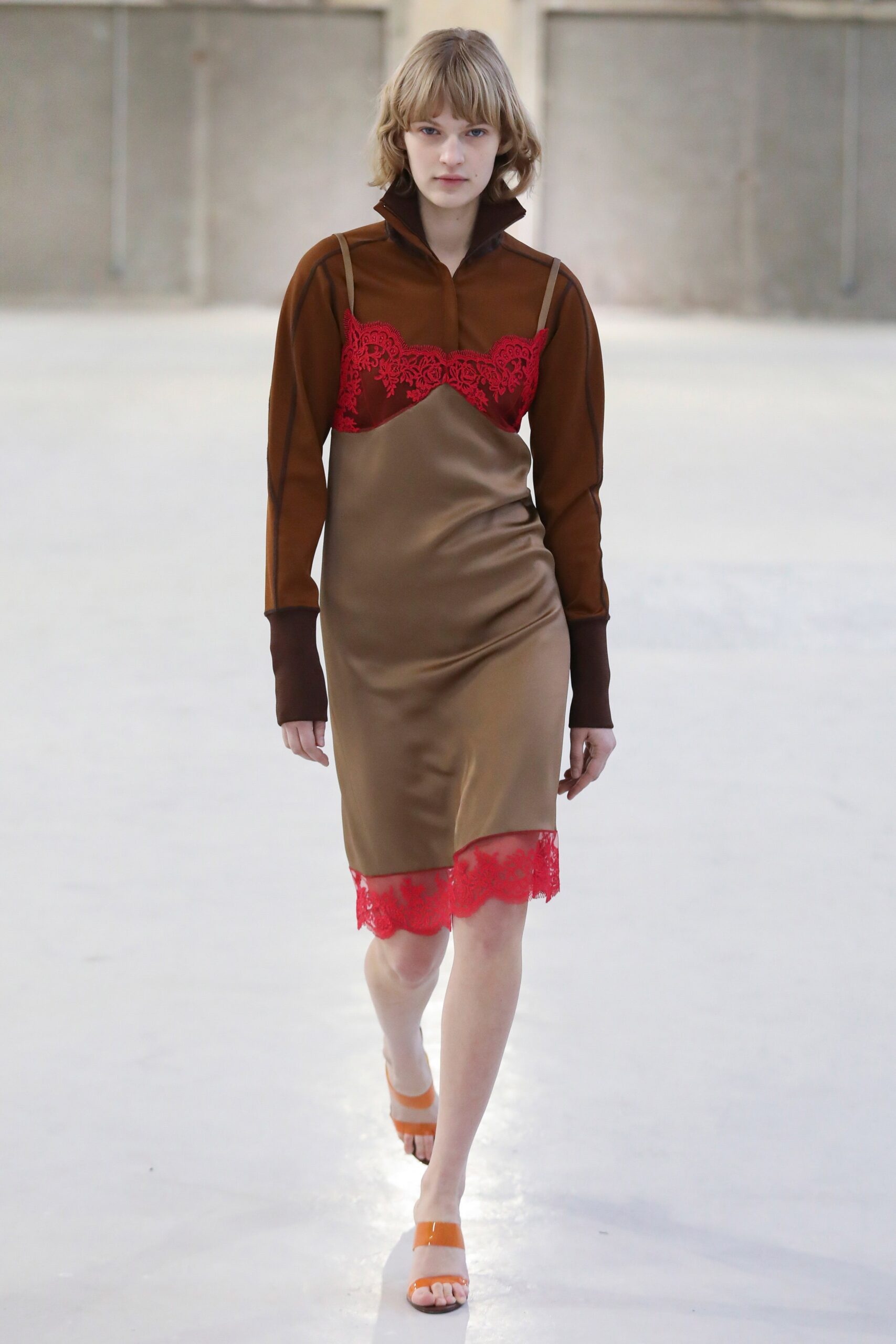 brown silk sleeveless v-neck fitted layered embroidered dress