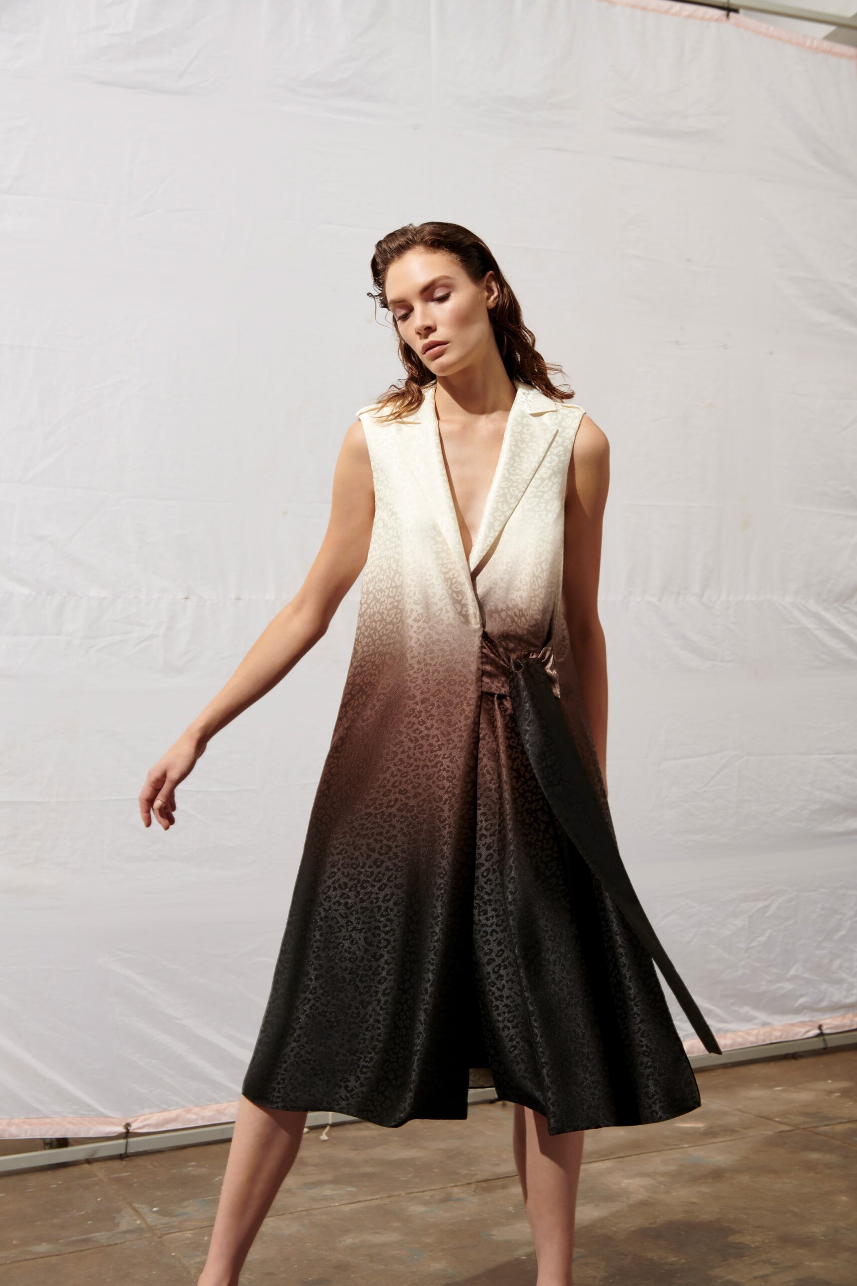 white to black draped midi dress