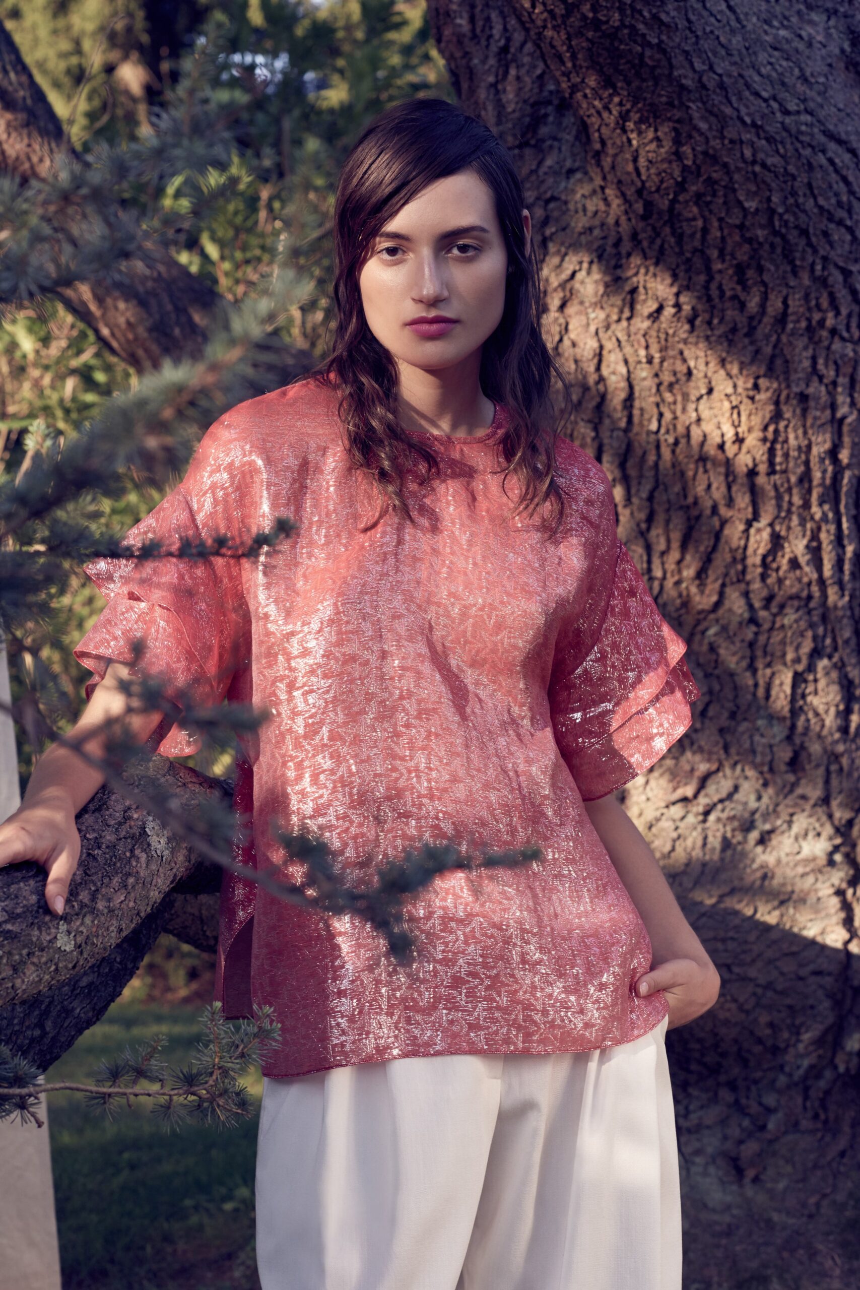 pink silk short-sleeve collared relaxed textured shiny top