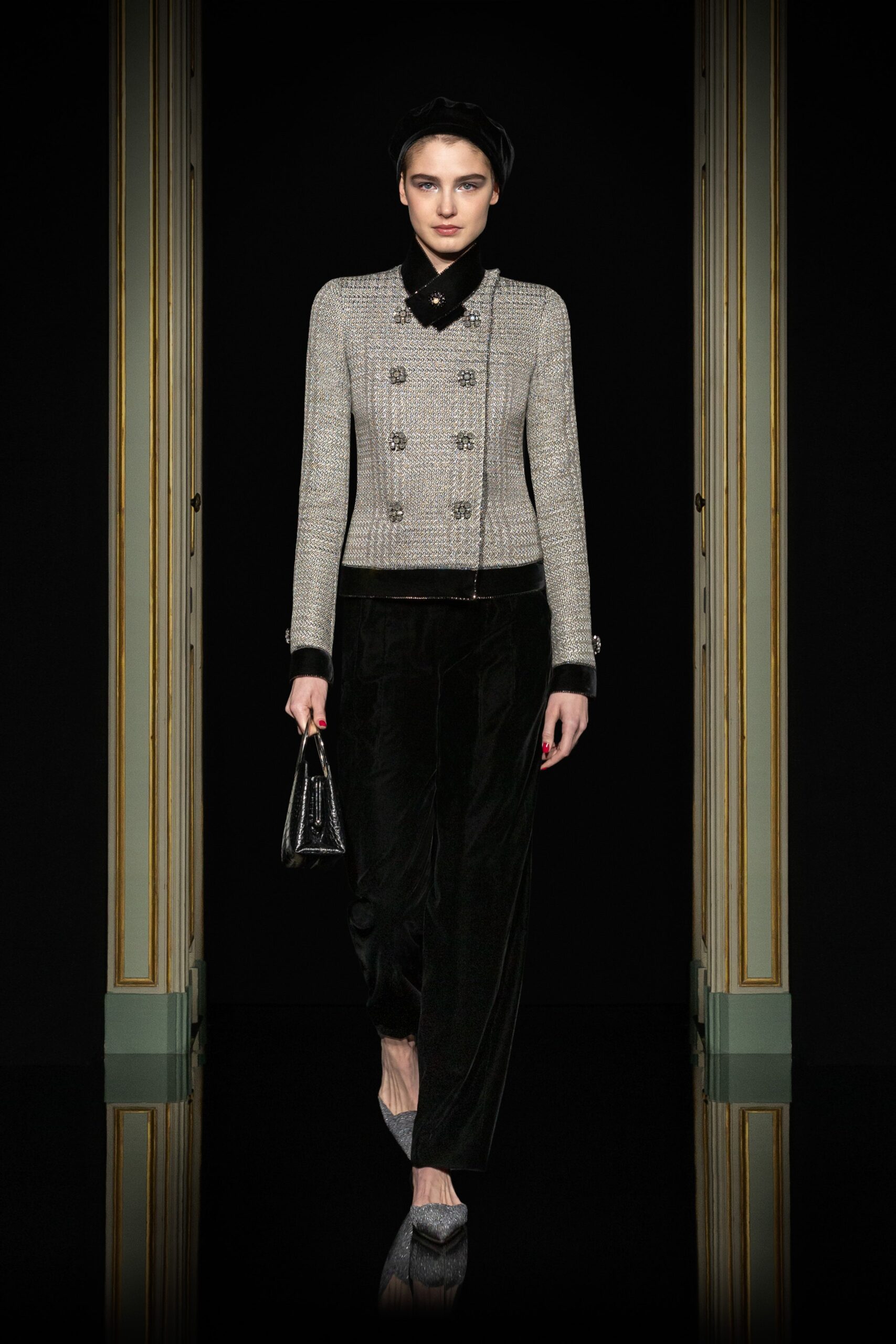 fitted black and white tweed jacket with relaxed velvet pants