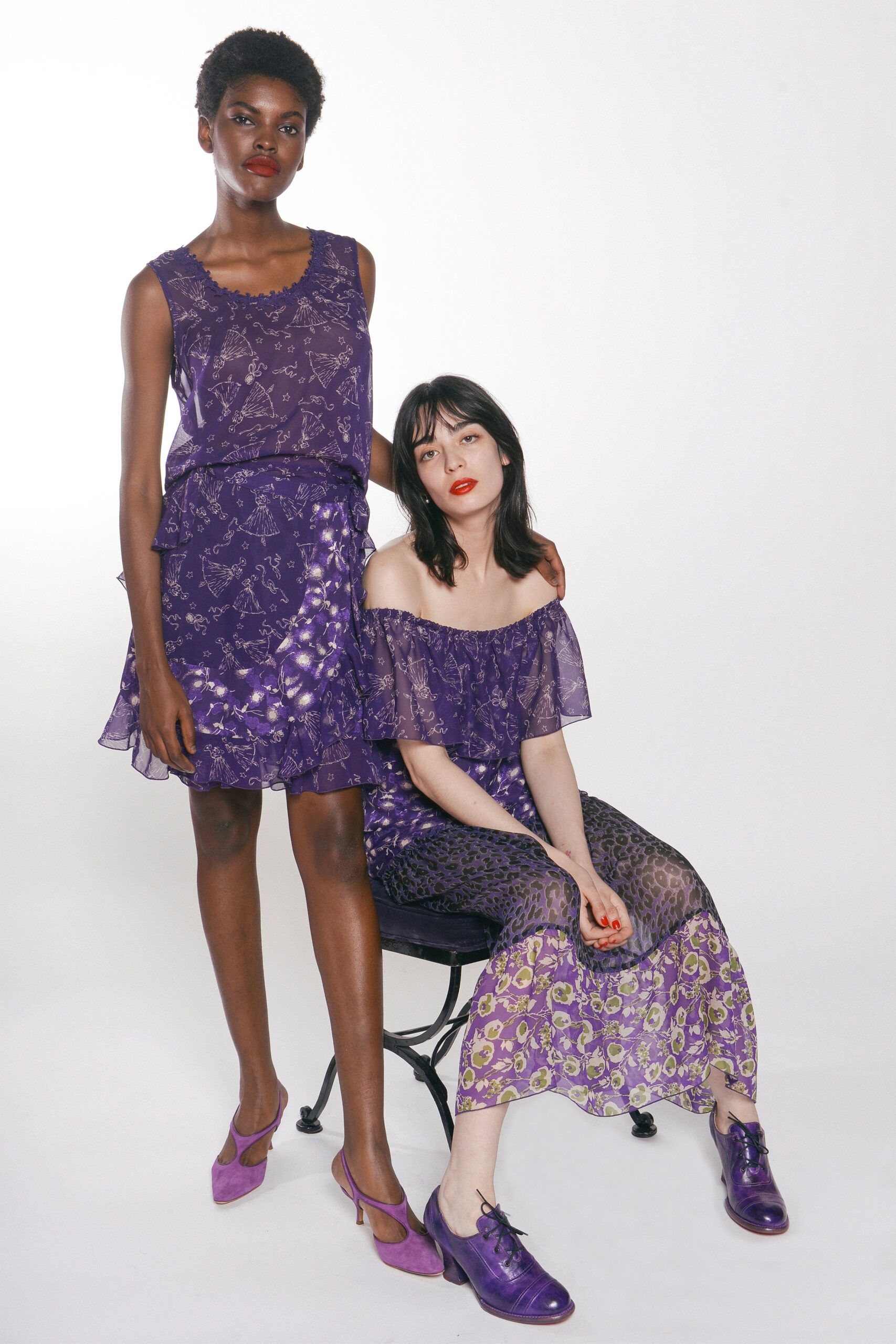 purple chiffon sleeveless off-shoulder fitted ruffled flared dress