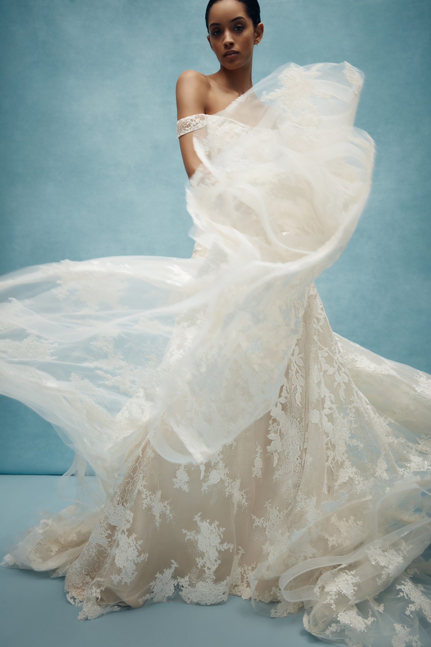 ivory lace off-shoulder gown