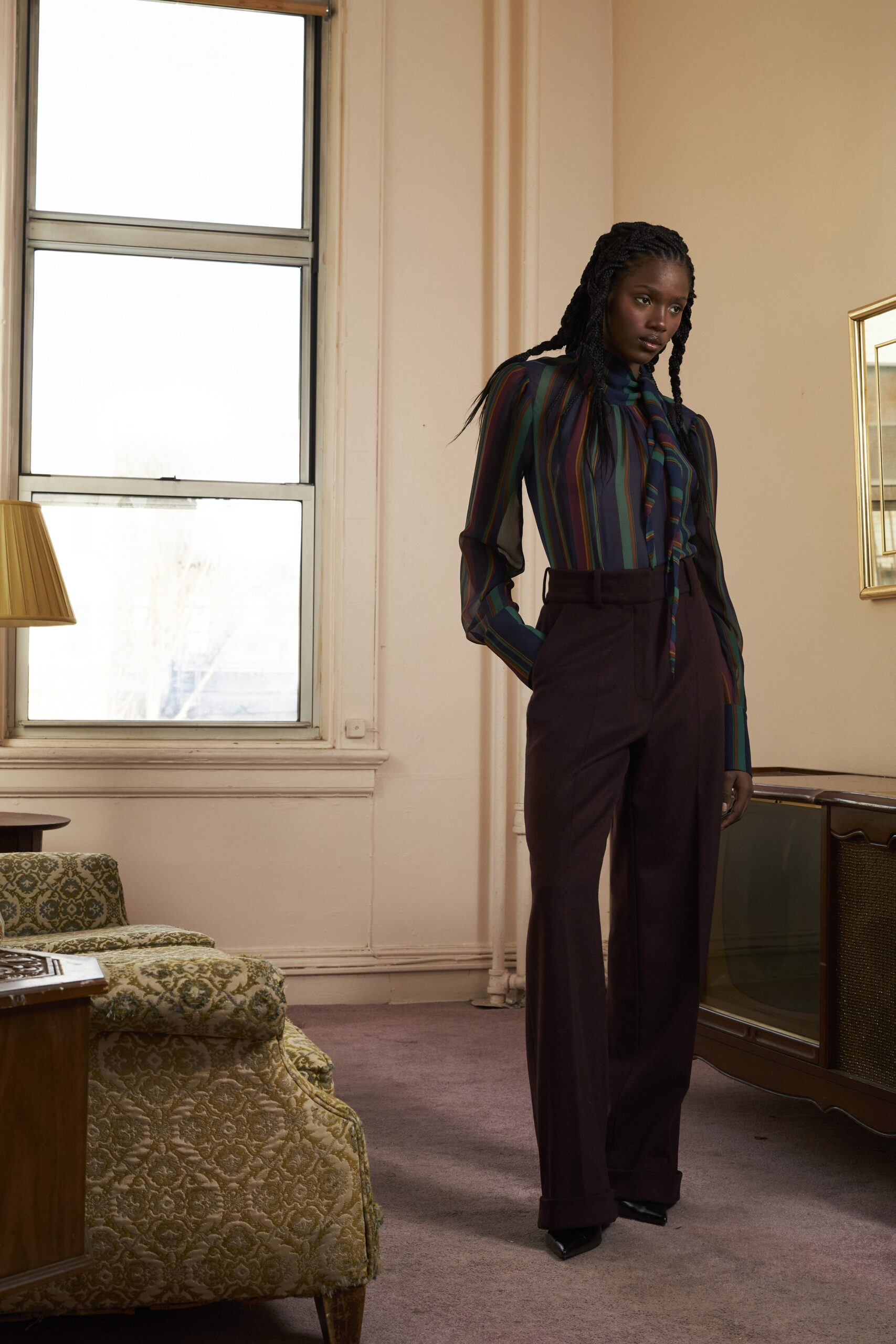 multi-striped fitted shirt with tailored pants