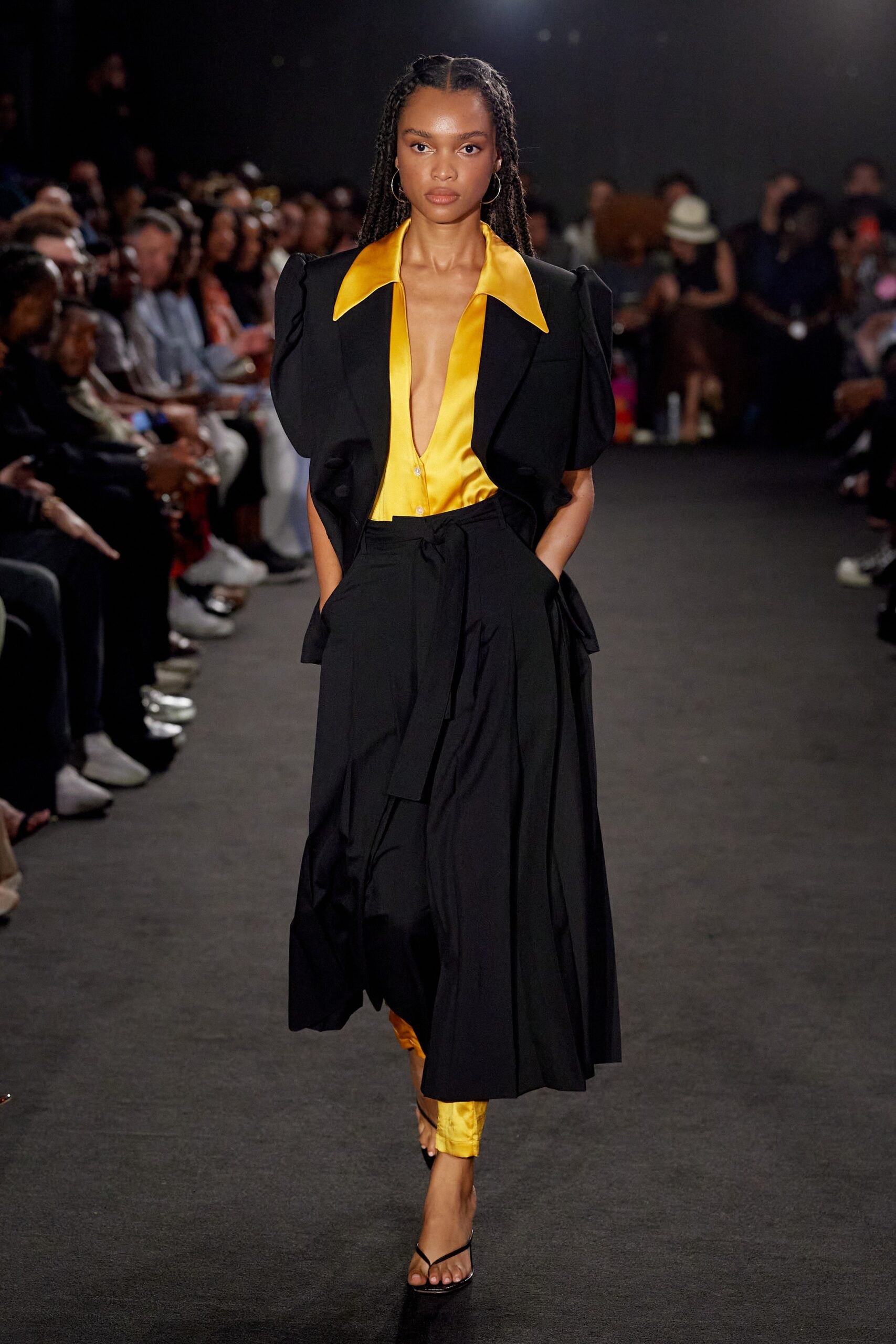 black midi dress with yellow shirt