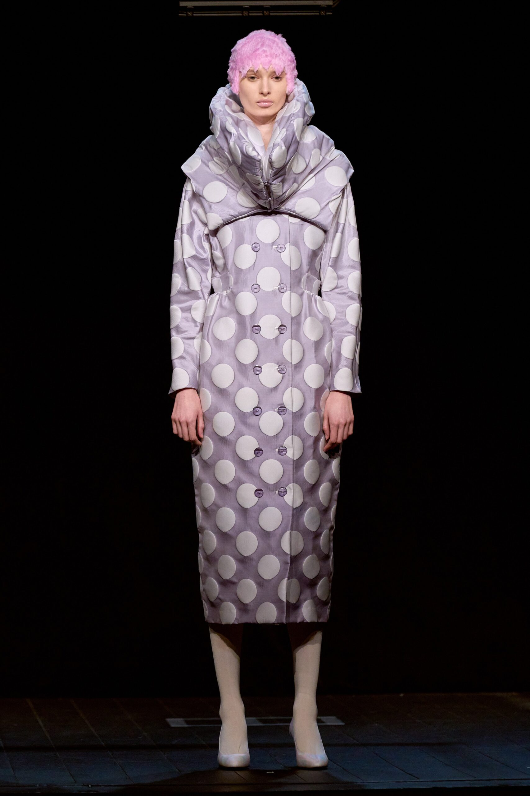 purple polka-dot fitted coat