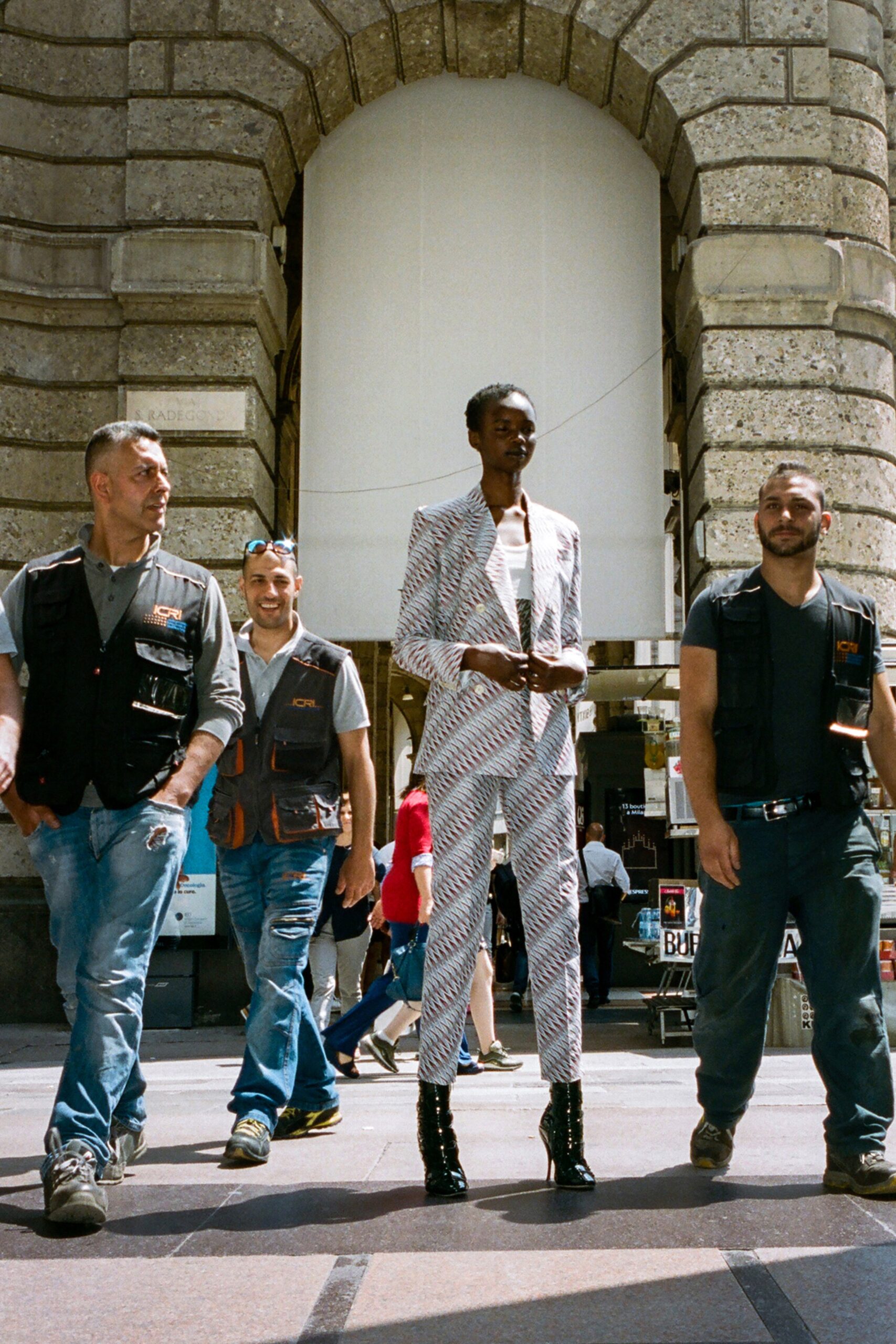 fitted striped suit with heels